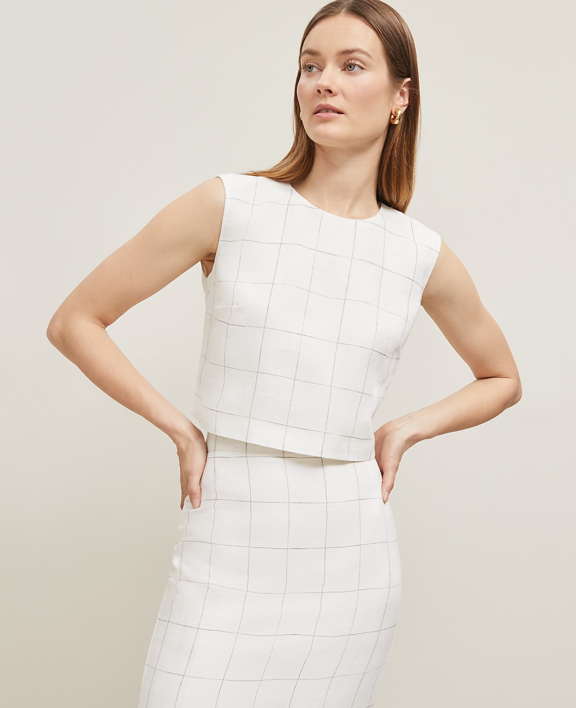 The Button Back Cropped Top in Windowpane Linen Blend