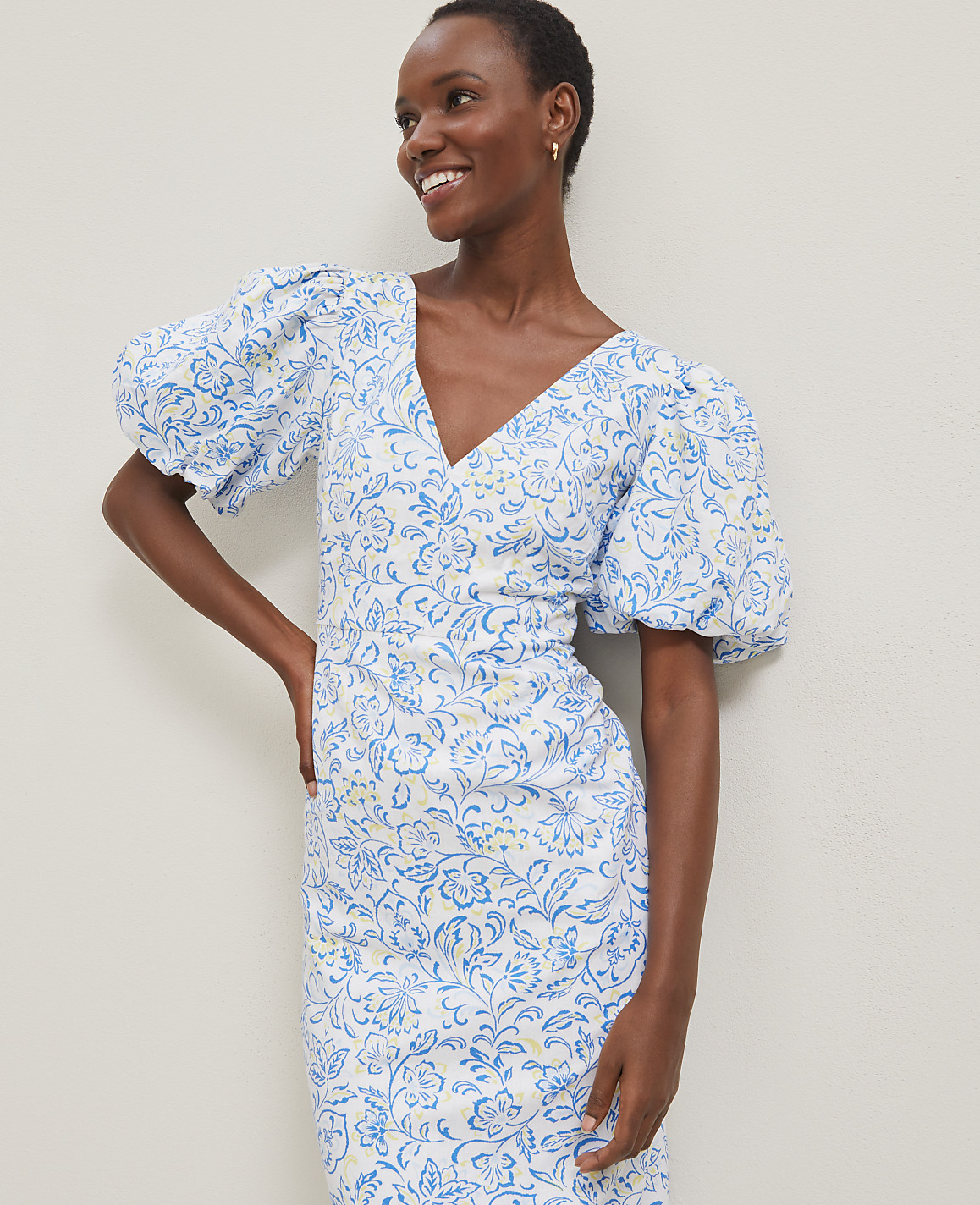 Petite Floral Linen Blend Puff Sleeve Sheath Dress