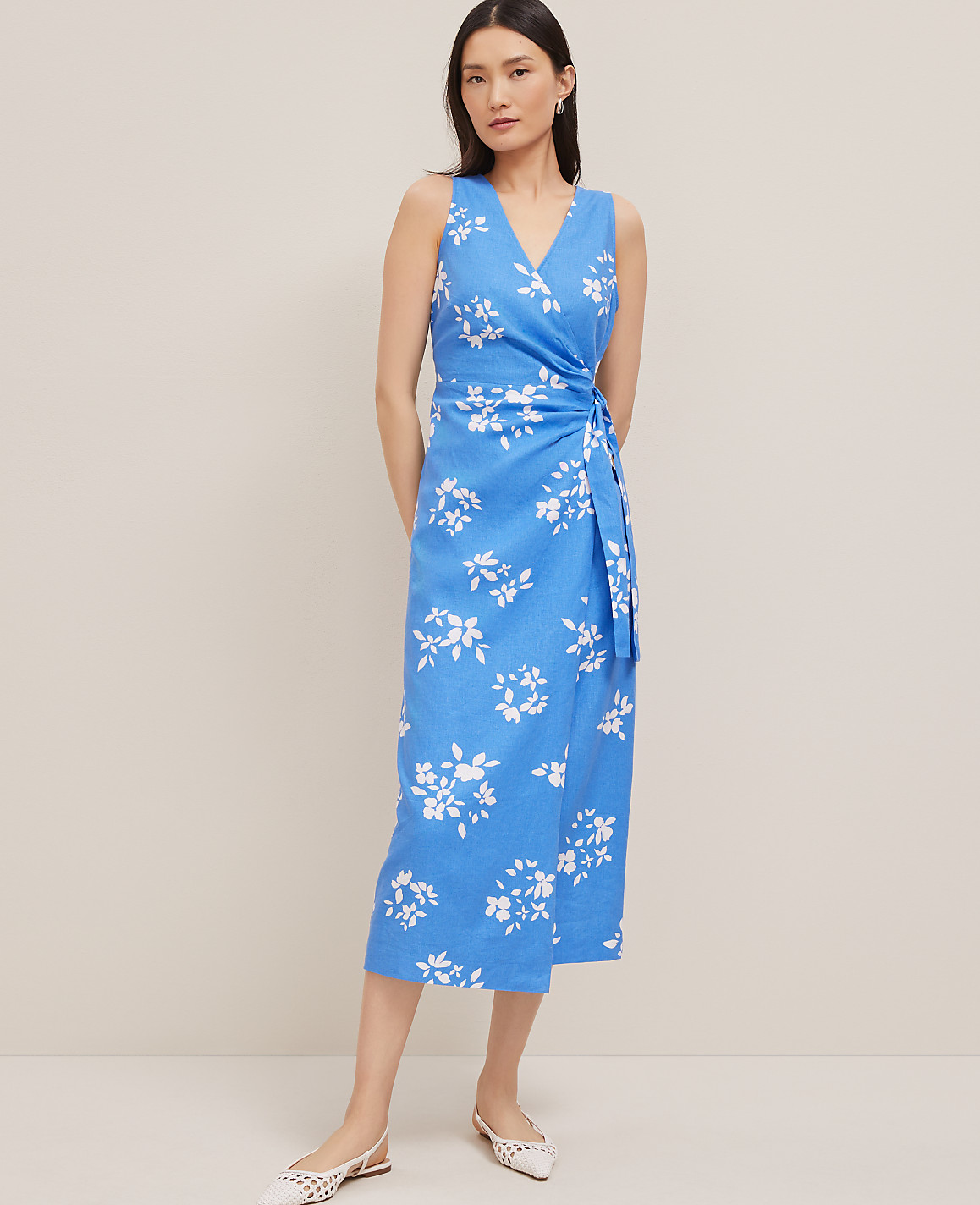 Floral Linen Blend V-Neck Wrap Dress