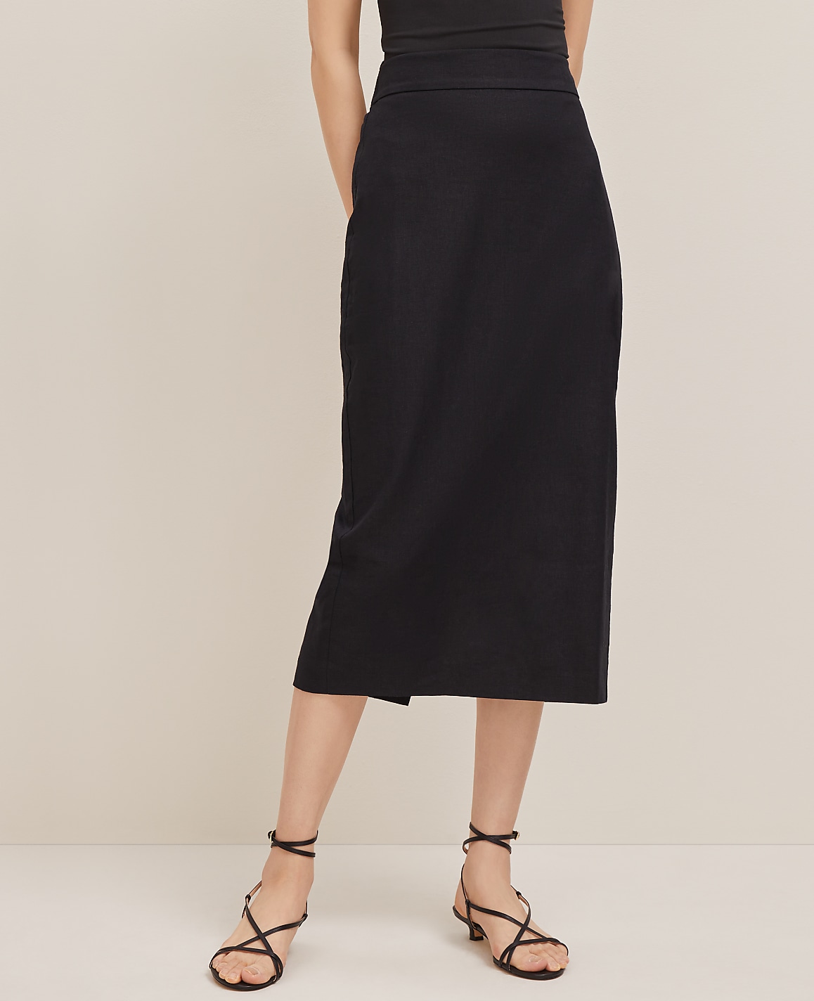 The Petite Linen Blend Clean Midi Skirt