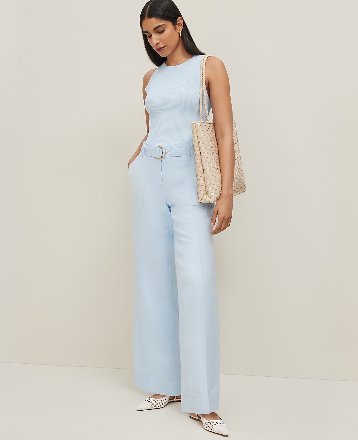 The Petite Belted Wide-Leg Pant in Linen Blend