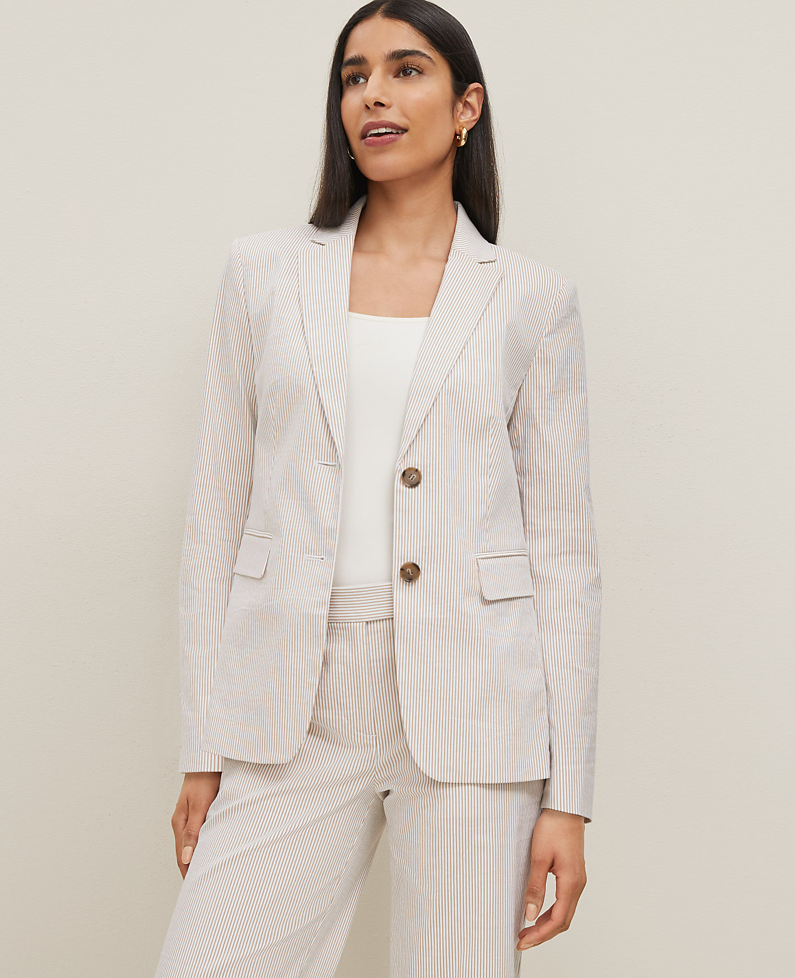 The Long Notched Two Button Blazer in Seersucker