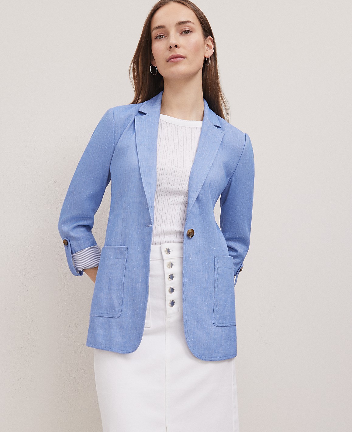 Petite Weekend Roll Sleeve Linen Blend Blazer