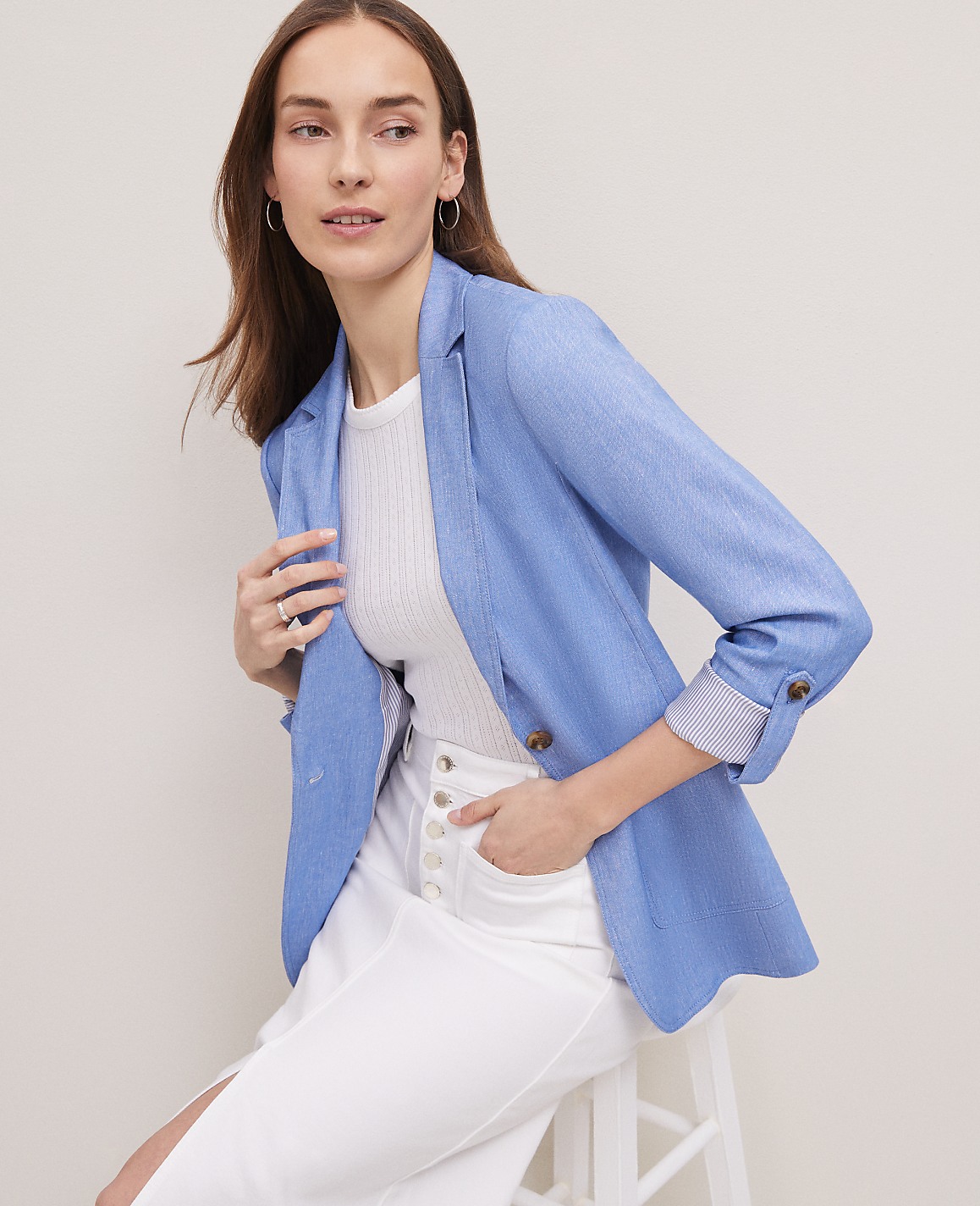 Petite Weekend Roll Sleeve Linen Blend Blazer
