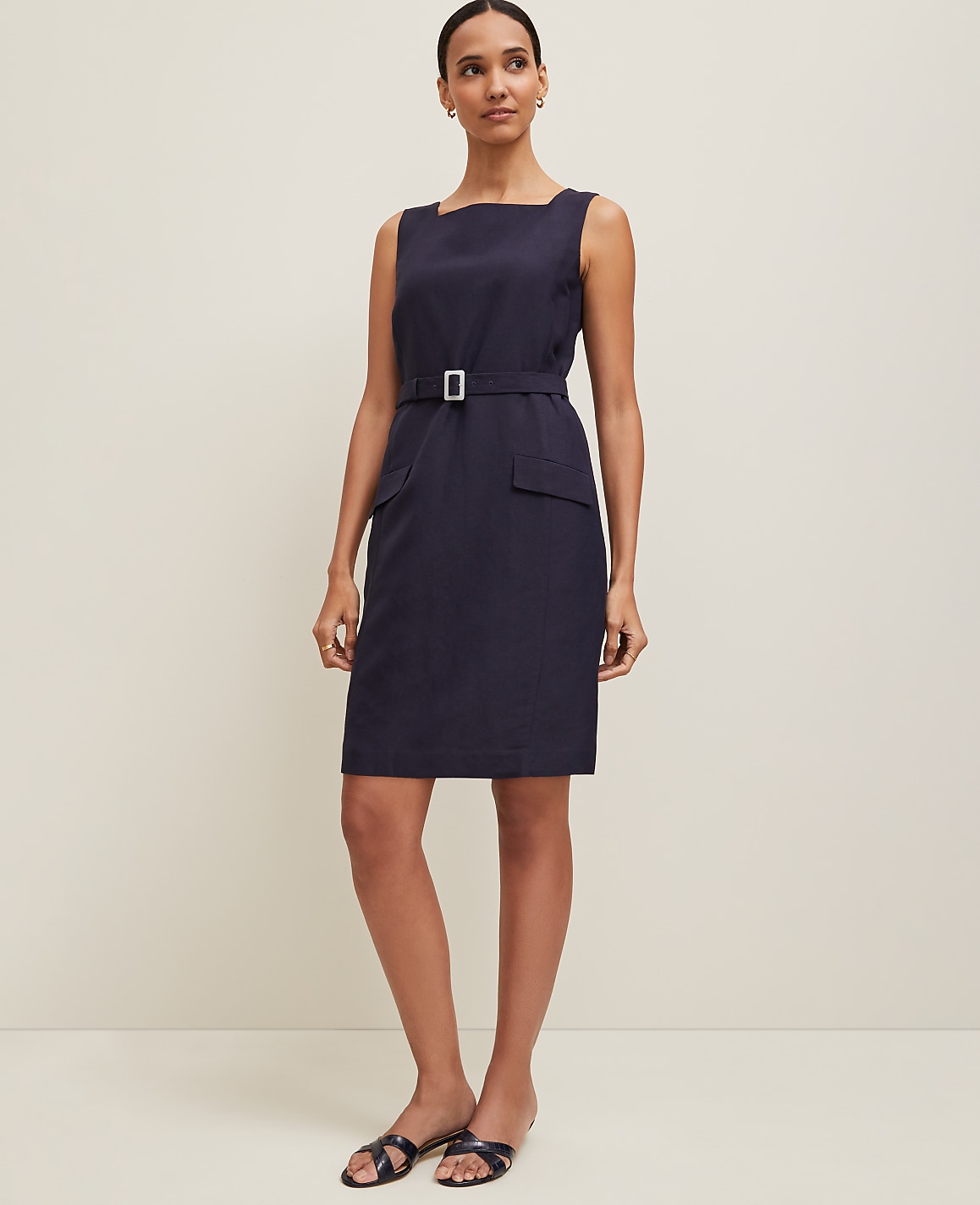 Linen Blend Square Neck Sheath Dress