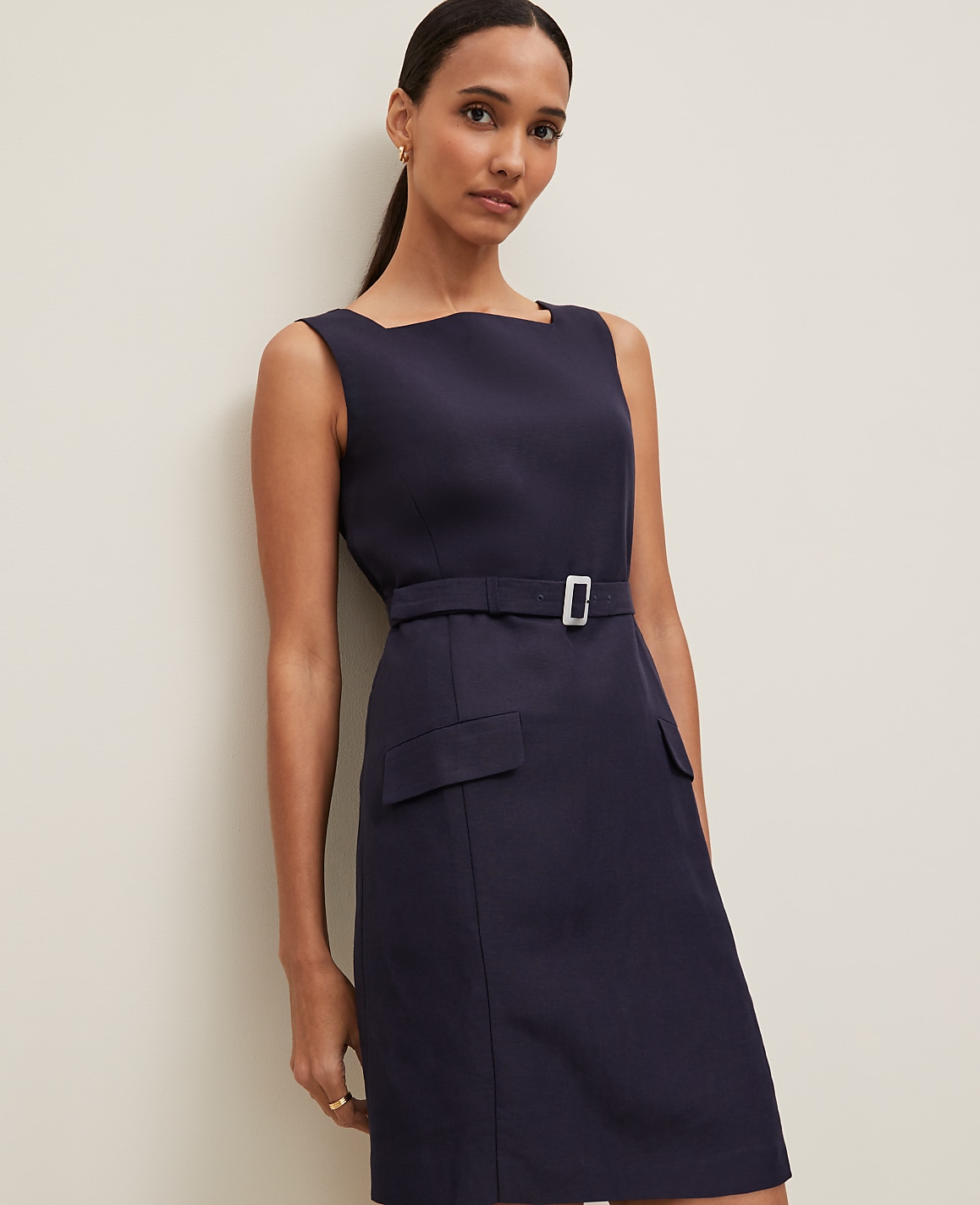 Linen Blend Square Neck Sheath Dress