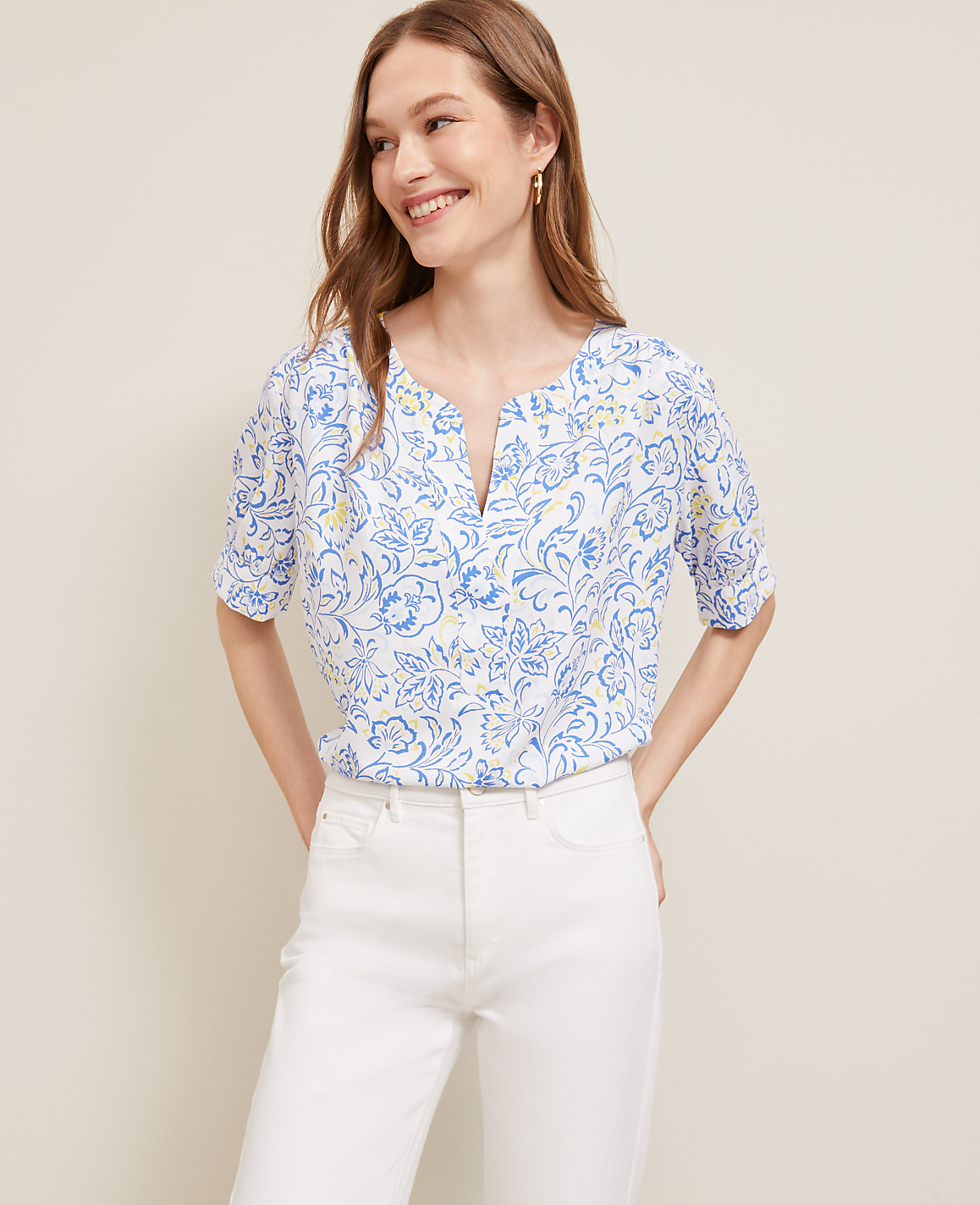 Petite Paisley Floral Half Sleeve Popover