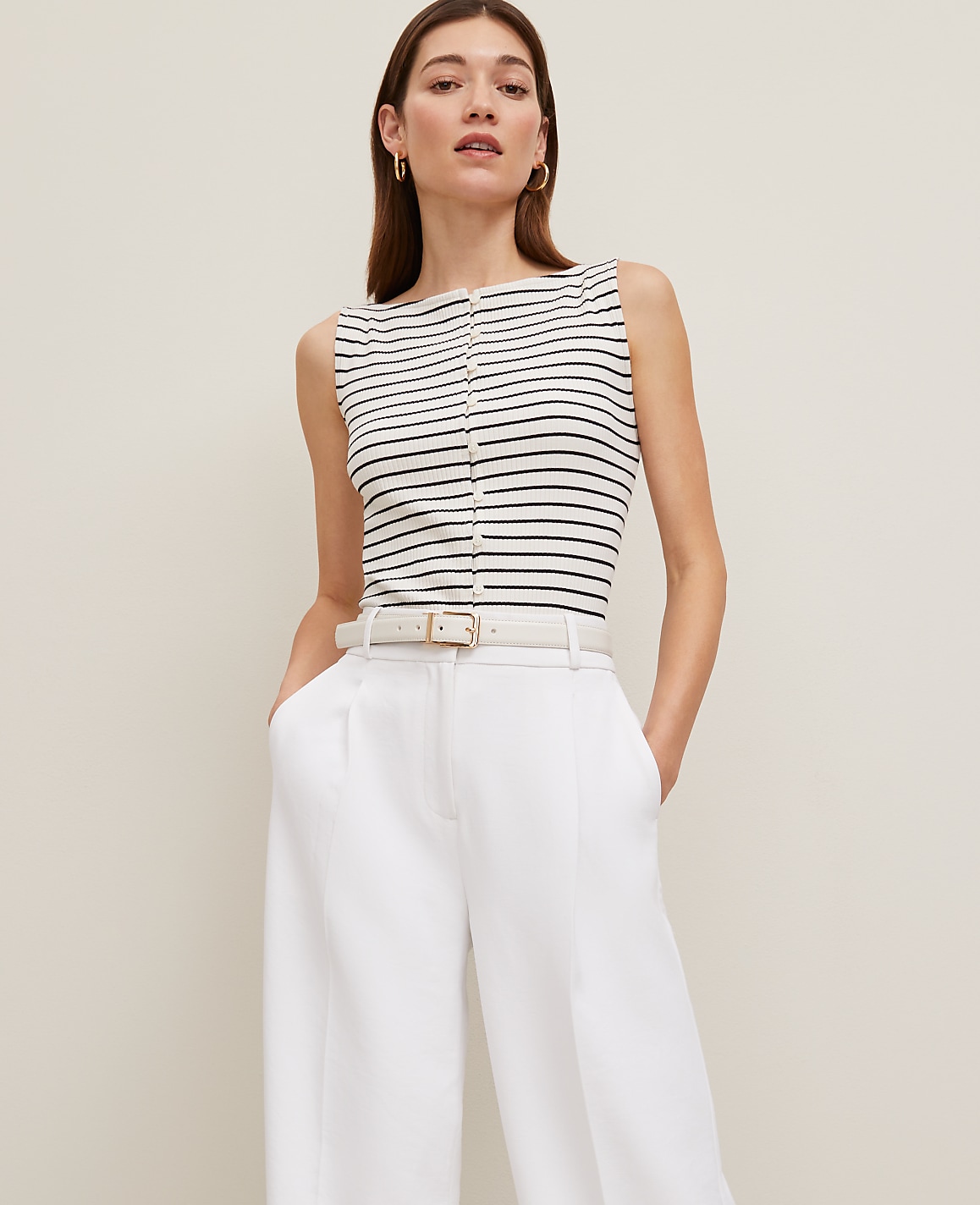 Petite Ribbed Sleeveless Button Top