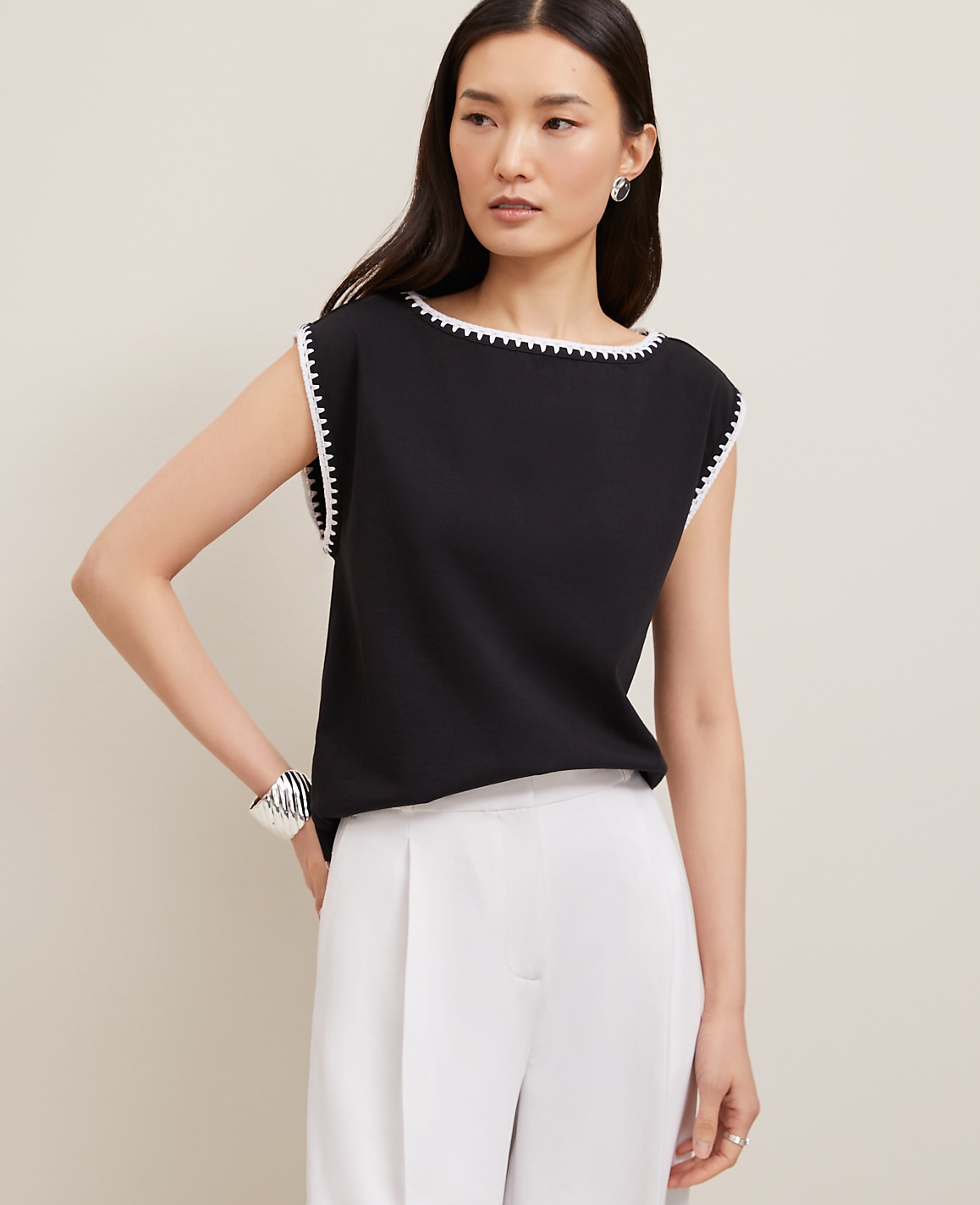 Petite Crochet Trim Sleeveless Top