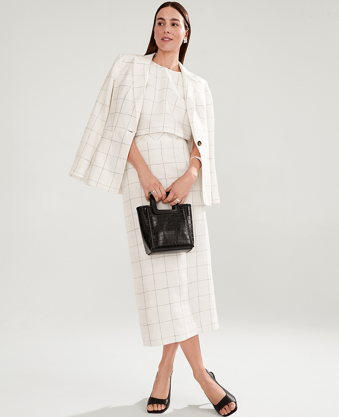 The Clean Midi Skirt in Windowpane Linen Blend