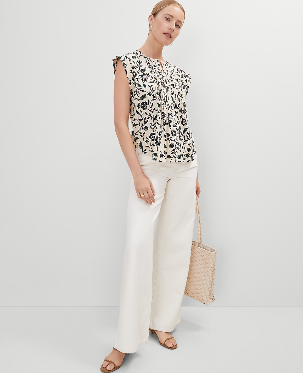 Linen Blend Floral Pintucked Top