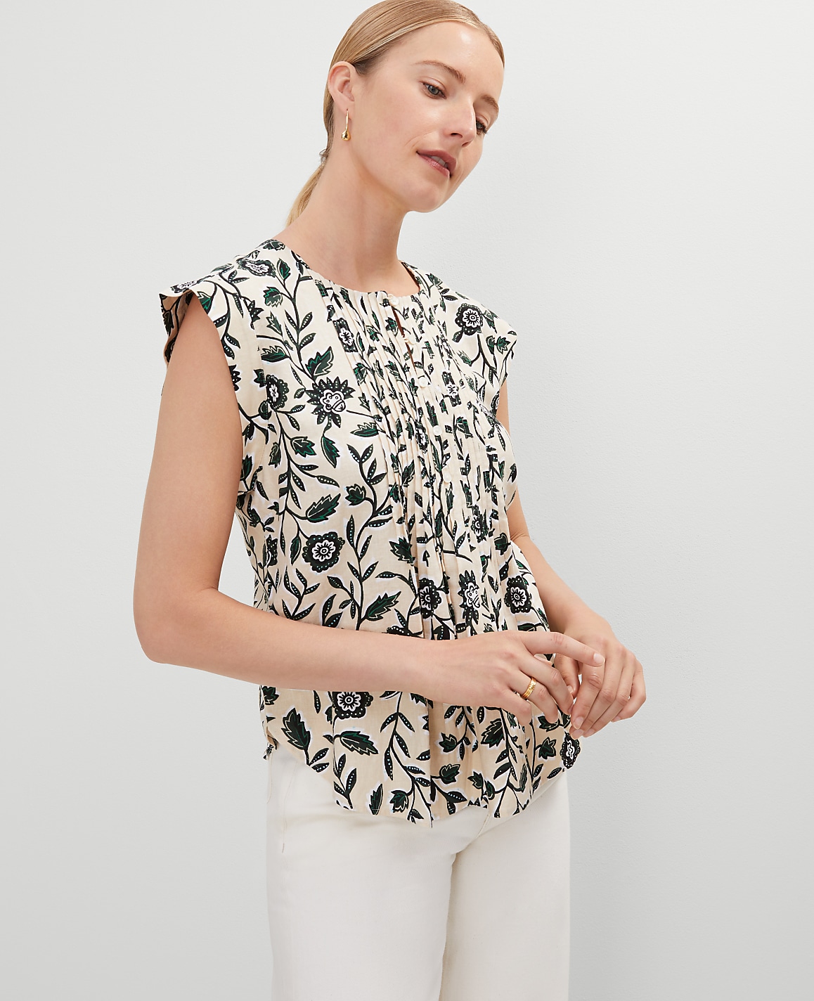 Linen Blend Floral Pintucked Top