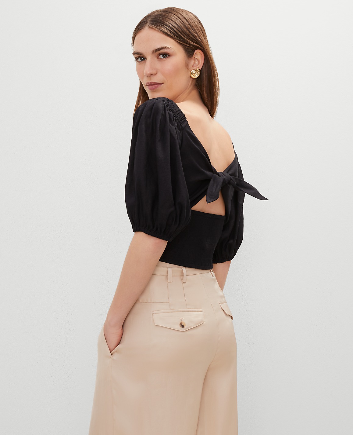 Petite Linen Blend Knotted Tie Back Blouse