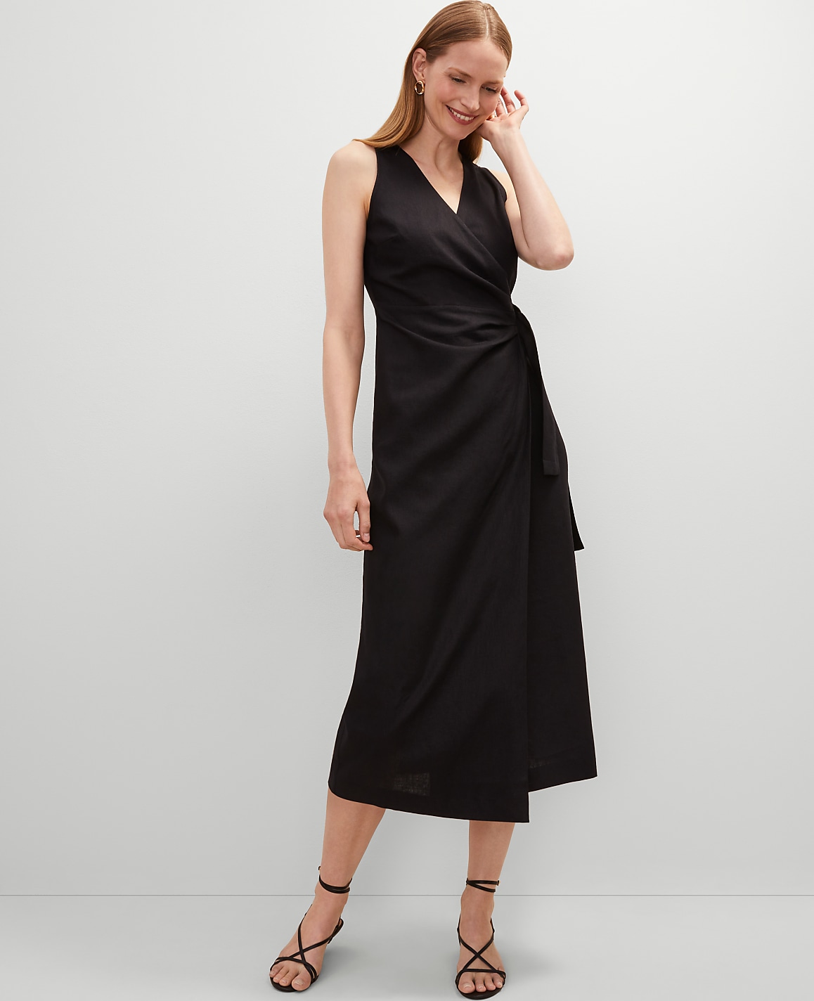 Petite Linen Blend V-Neck Wrap Dress