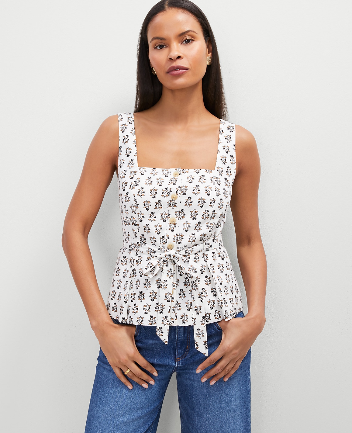 Floral Linen Blend Tie Waist Top