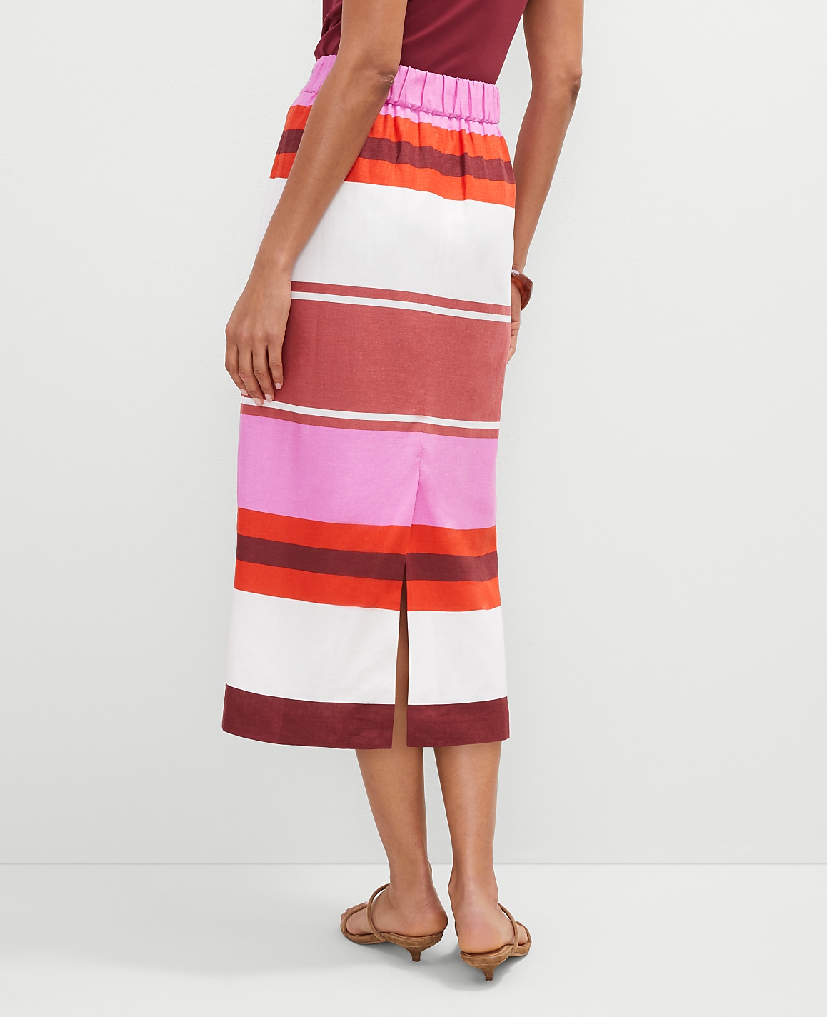 Striped Linen Blend Clean Midi Skirt
