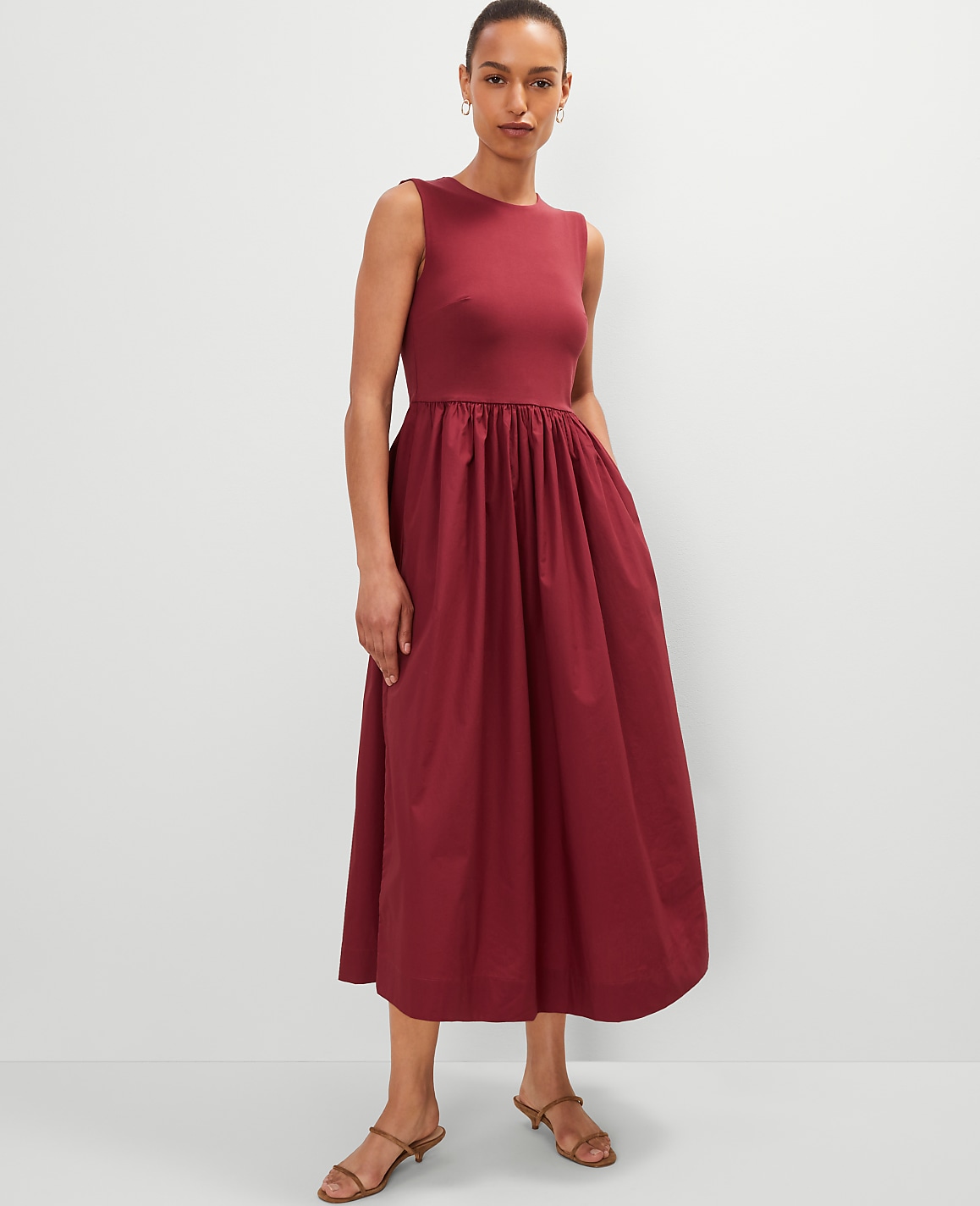 Petite Crew Neck Mixed Media Flare Dress