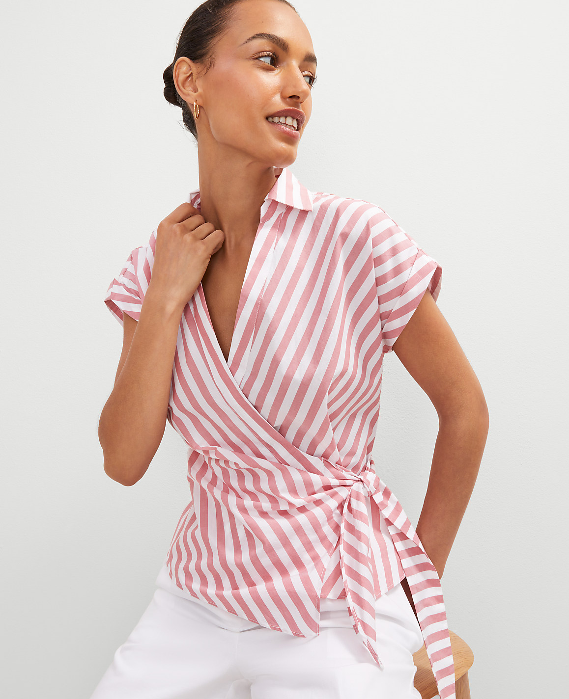 Striped Collared Tie Waist Top