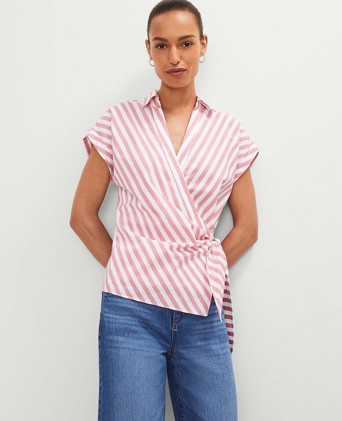 Striped Collared Tie Waist Top