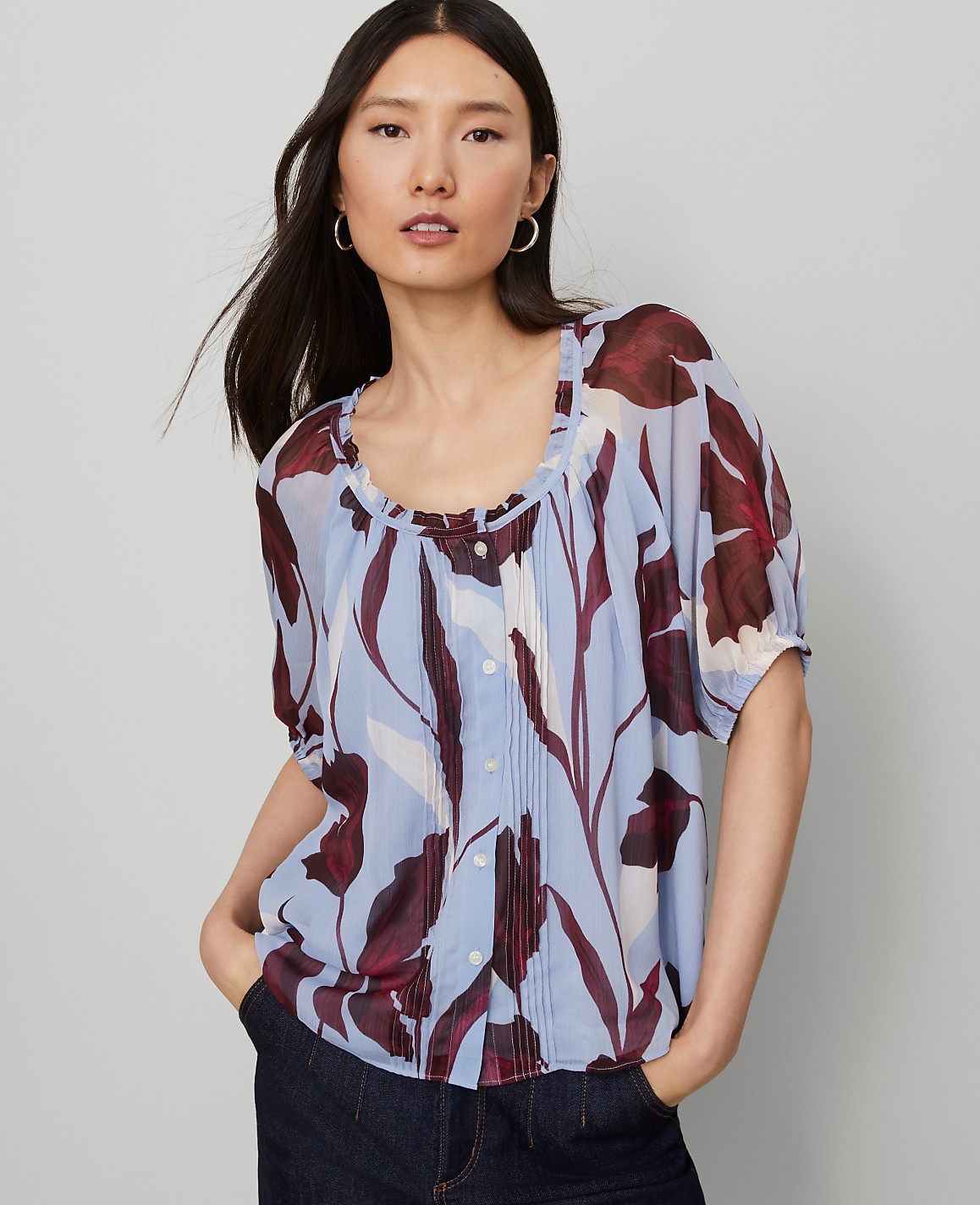 Floral Pintucked Raglan Popover
