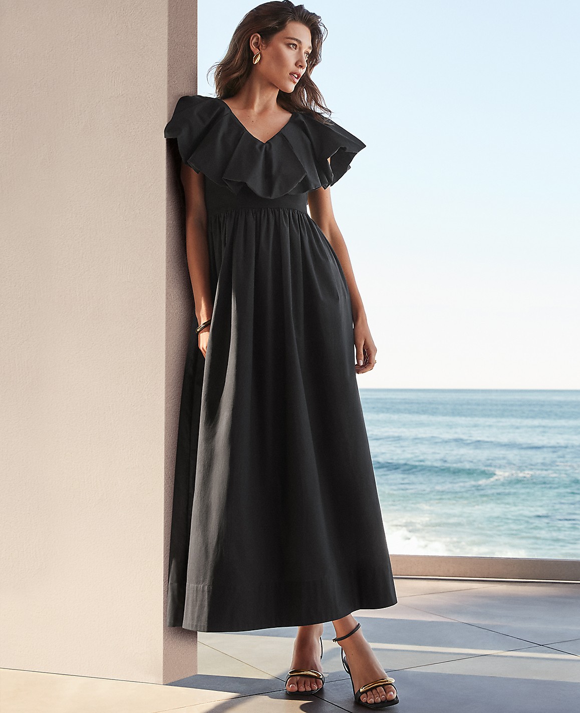 Petite Ruffle Collar Maxi Flare Dress