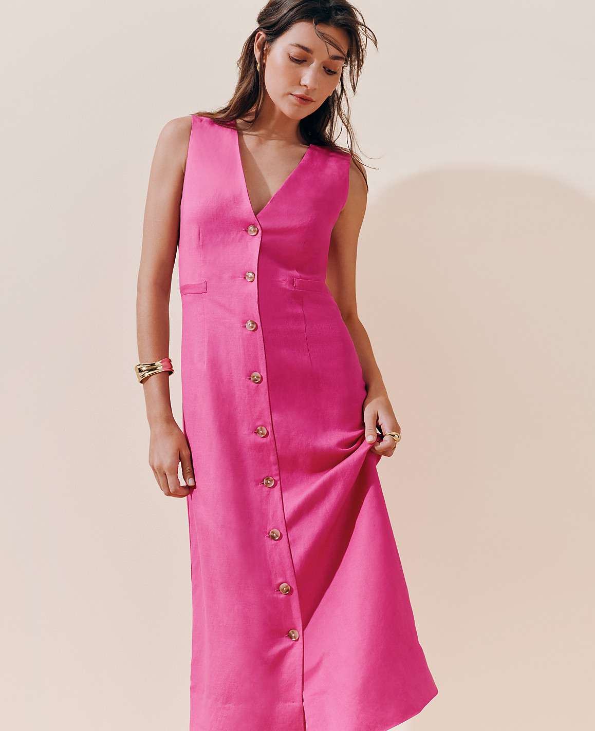 Petite Linen Blend V-Neck Shirtdress