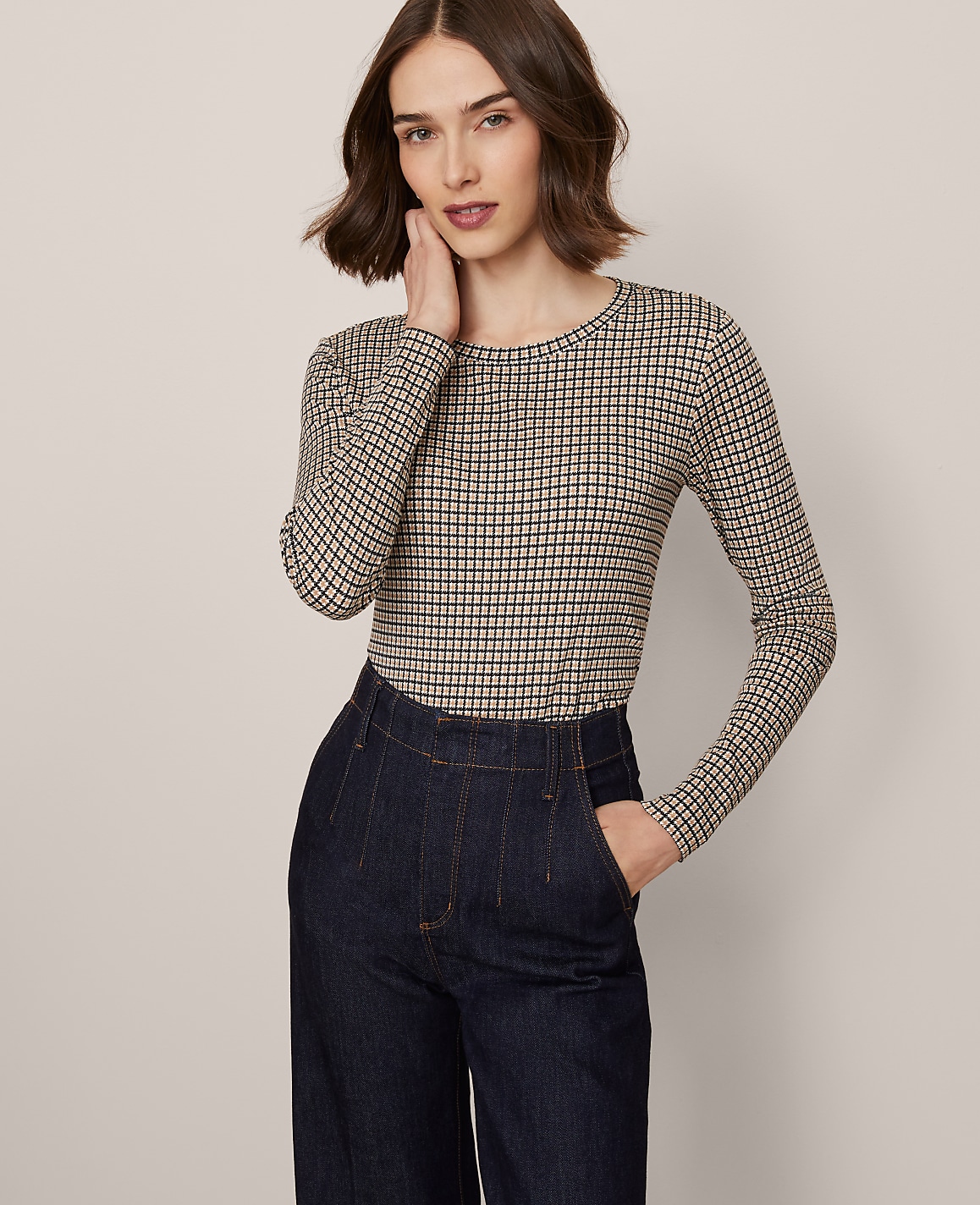 Petite Houndstooth Crew Neck Top
