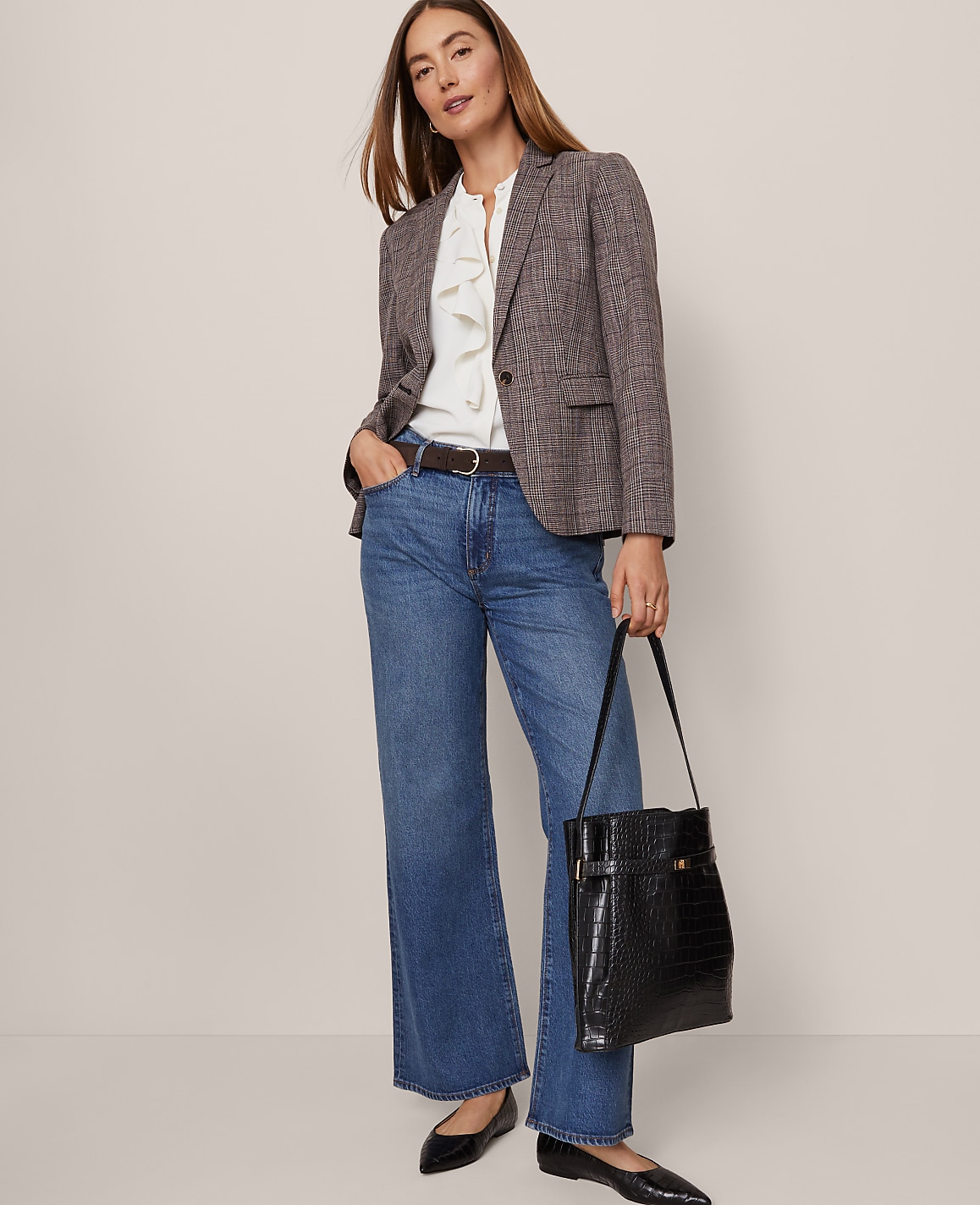 The Petite Notched One Button Blazer in Plaid