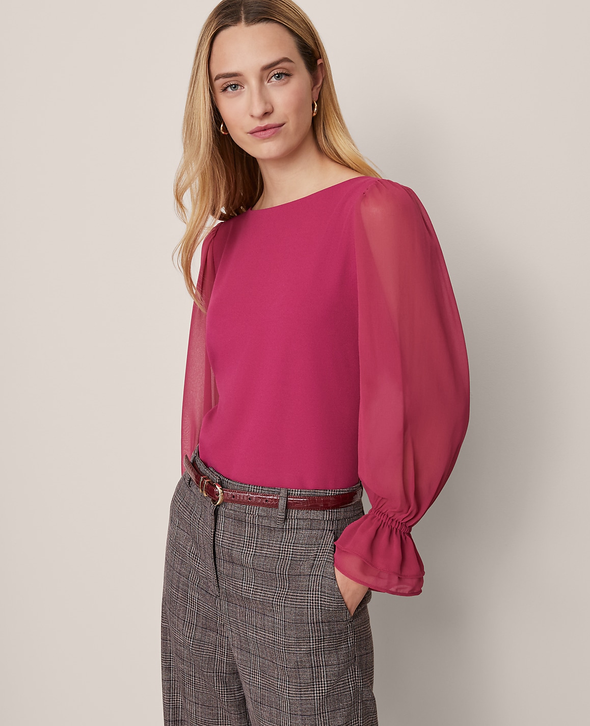 Petite Mixed Media Pleated Sleeve Top