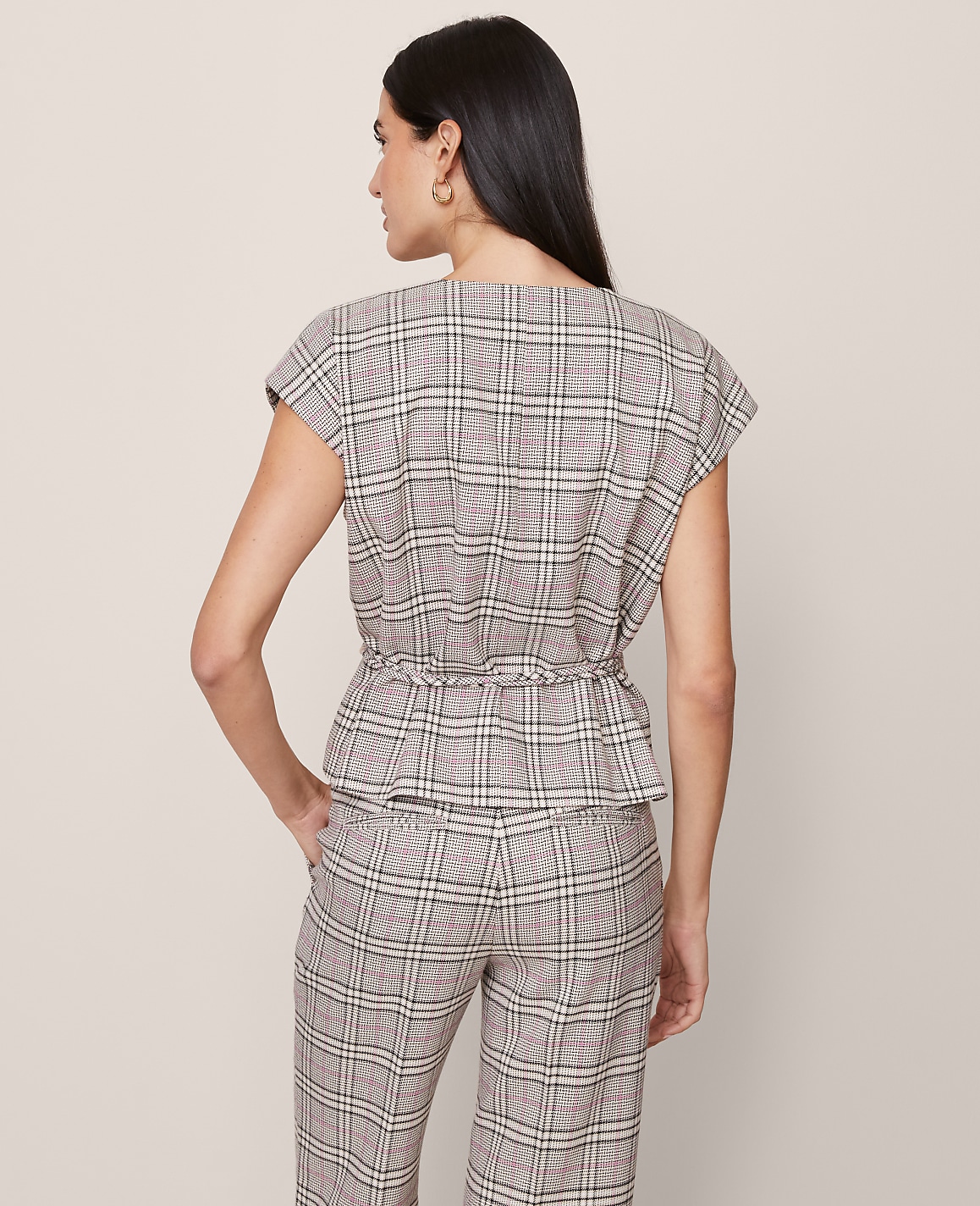 Plaid Wrap Tie Waist Blouse