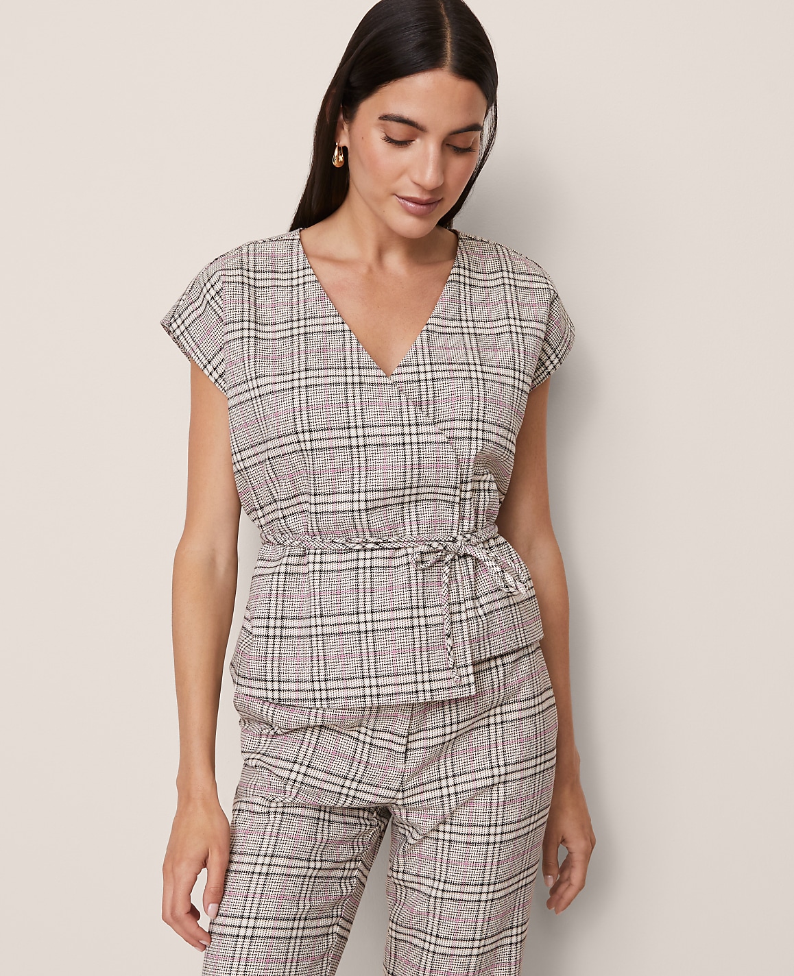 Plaid Wrap Tie Waist Blouse