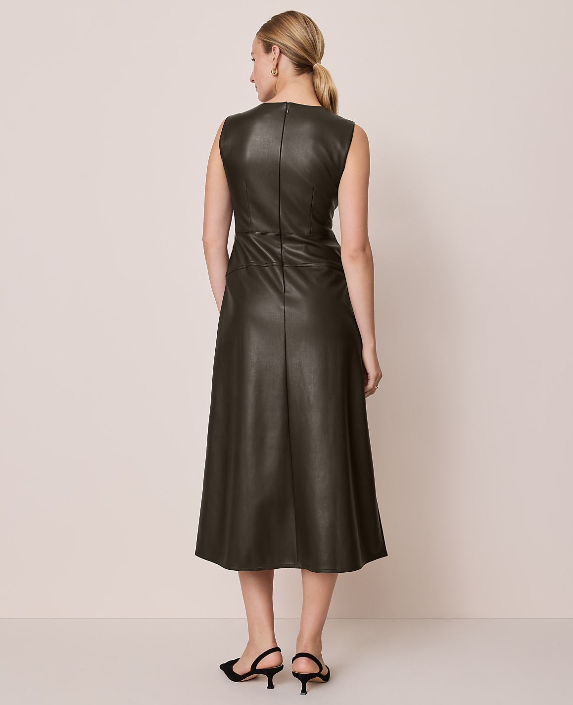 Petite Faux Leather Flare Midi Dress