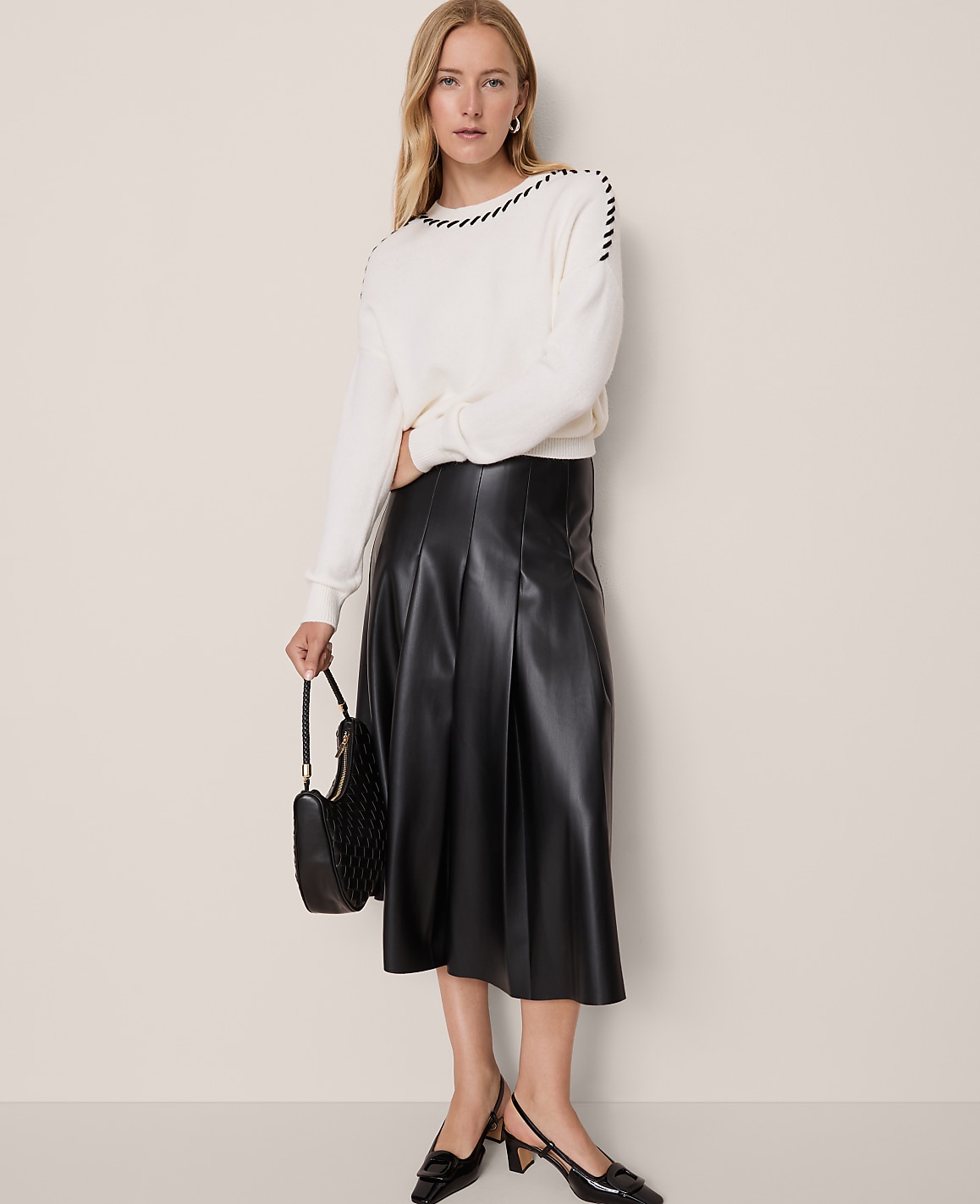Petite Faux Leather Pleated Midi Skirt