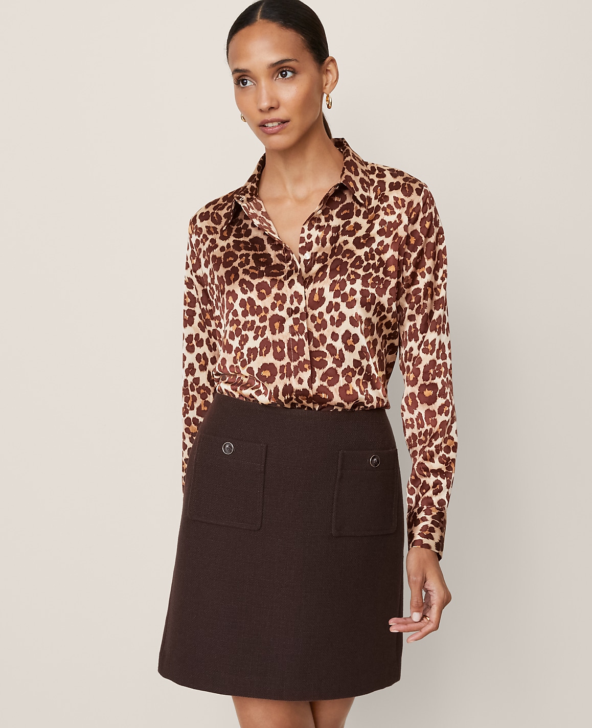 Petite Animal Print Satin Button Down Shirt