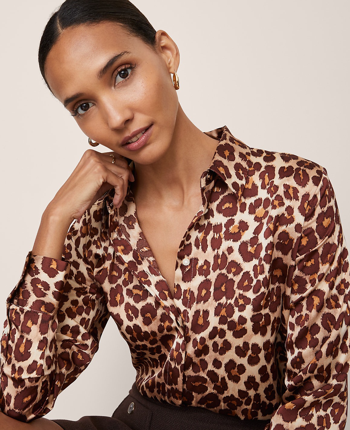 Petite Animal Print Satin Button Down Shirt