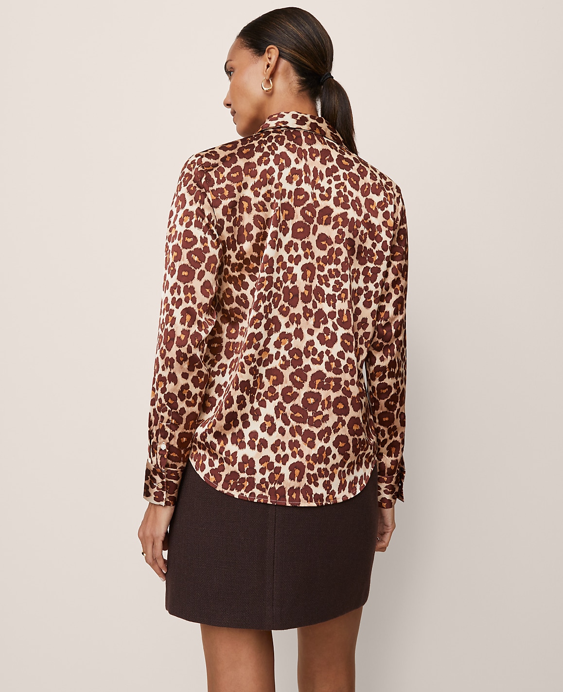 Petite Animal Print Satin Button Down Shirt