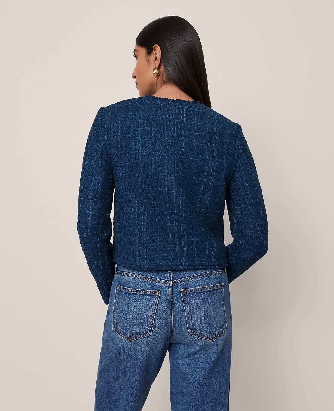 The Petite Cropped Crew Neck Jacket in Tweed