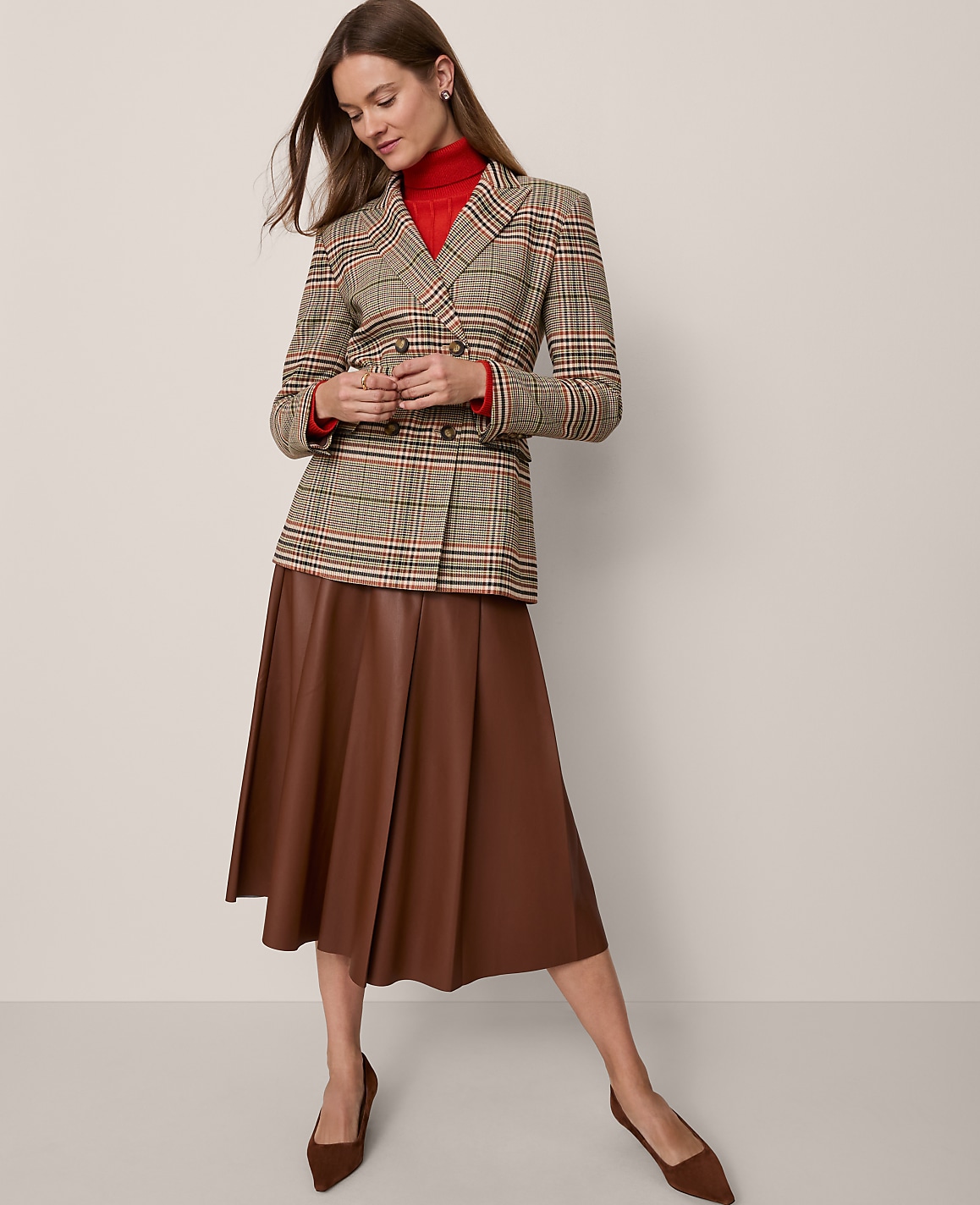 Petite Faux Leather Pleated Midi Skirt
