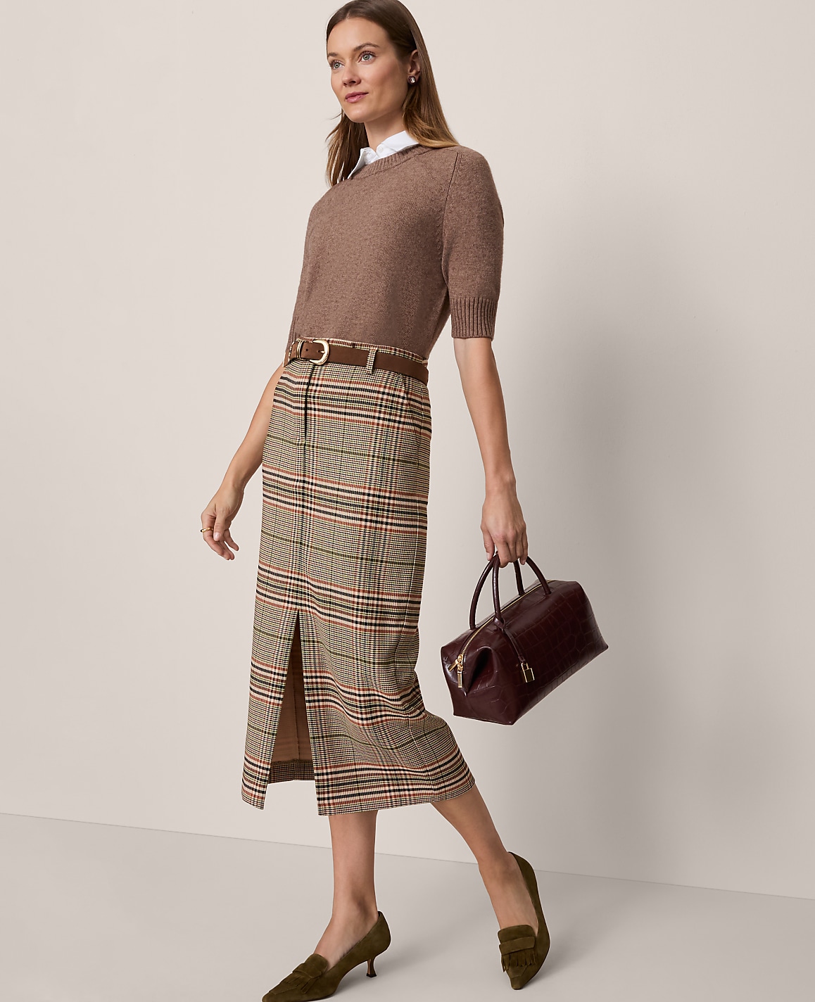 The Petite Trouser Column Midi Skirt in Plaid