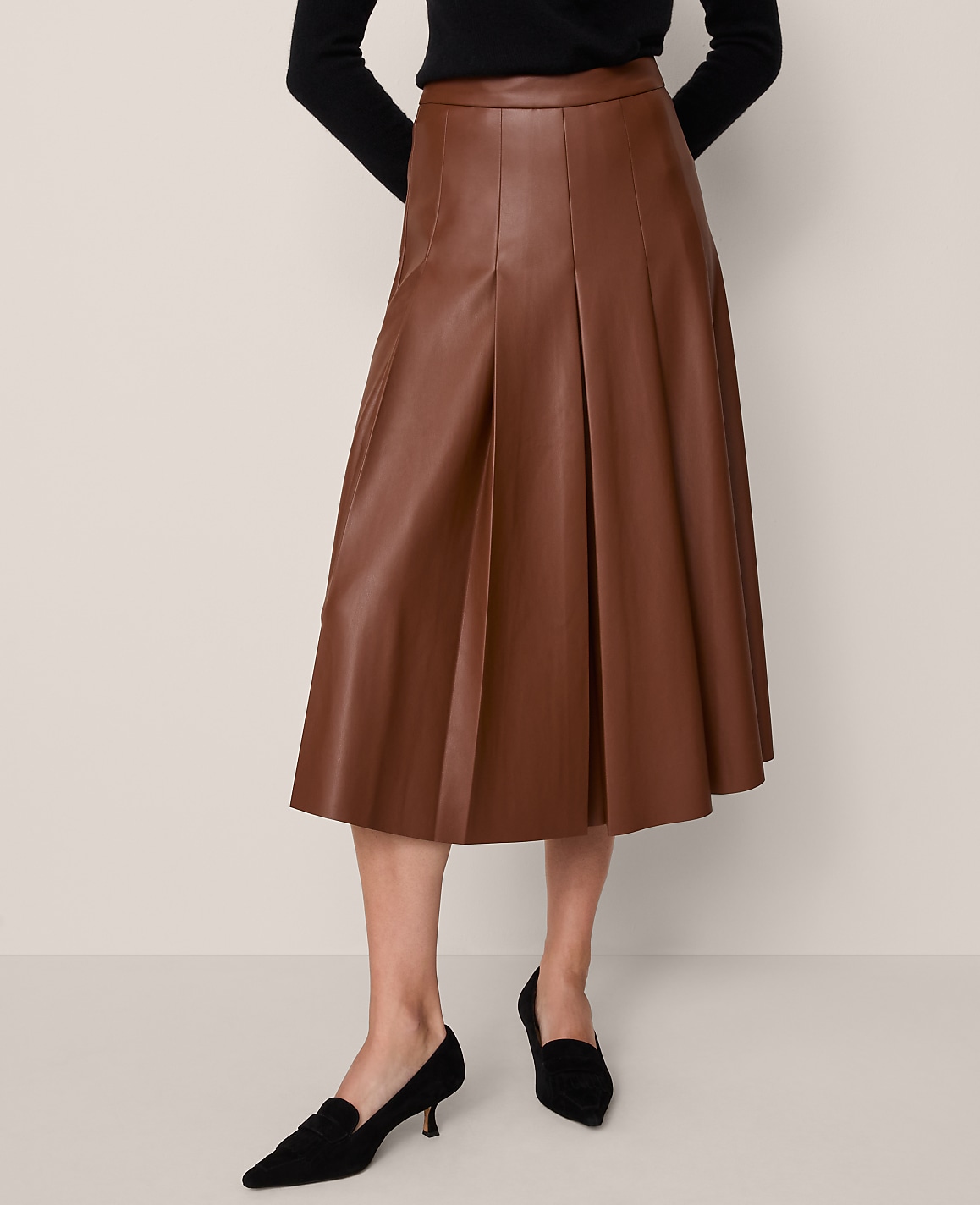 Faux Leather Pleated Midi Skirt