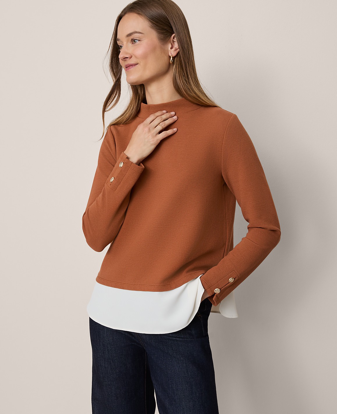 Petite Mixed Media Mock Neck Top