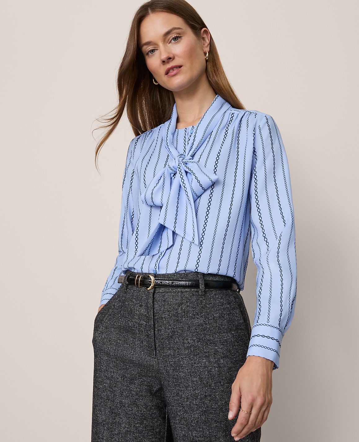 Petite Chain Link Print Satin Bow Blouse