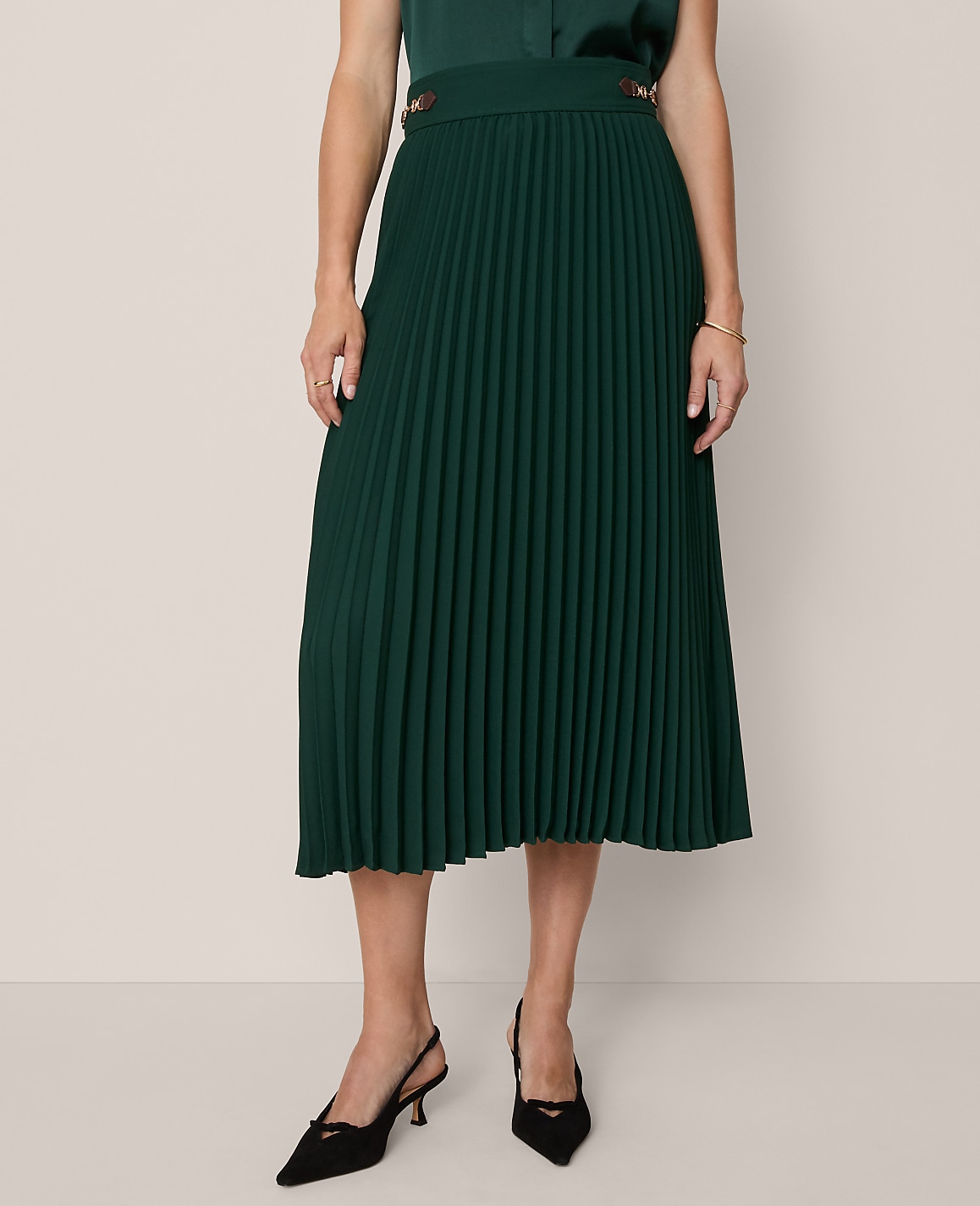 Horsebit Pleated Midi Skirt
