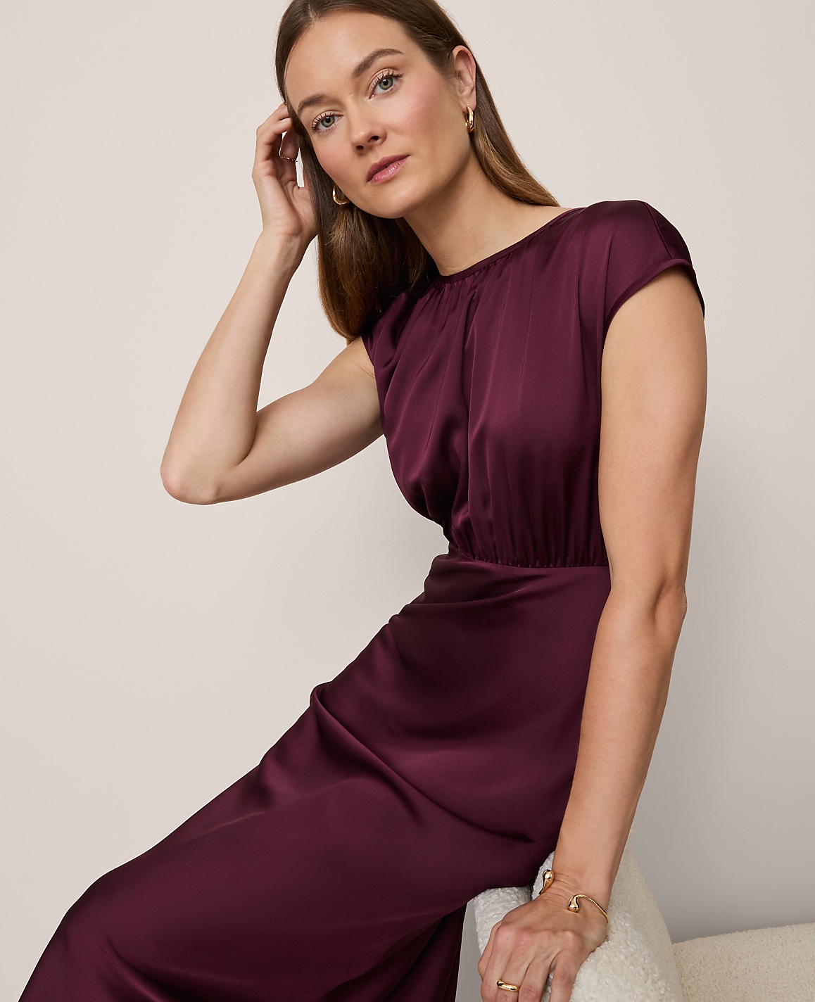 Gathered Satin Midi Dress