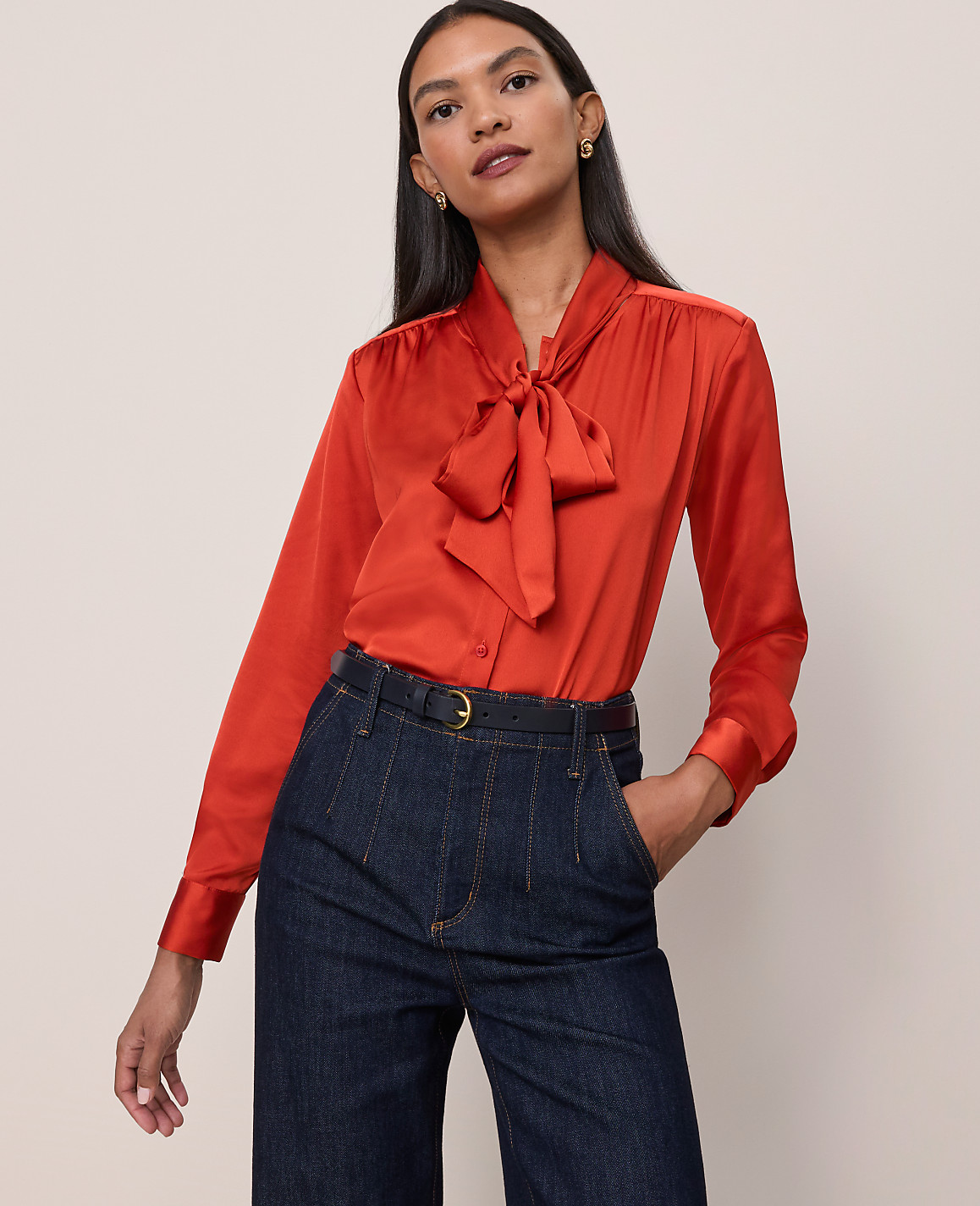 Petite Satin Bow Blouse