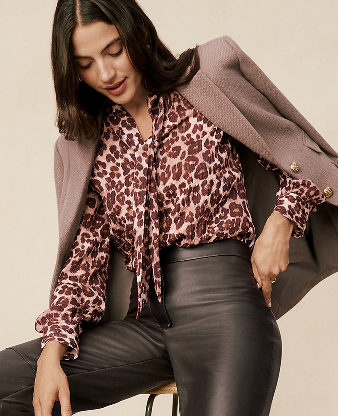 Animal Print Tie V-Neck Popover