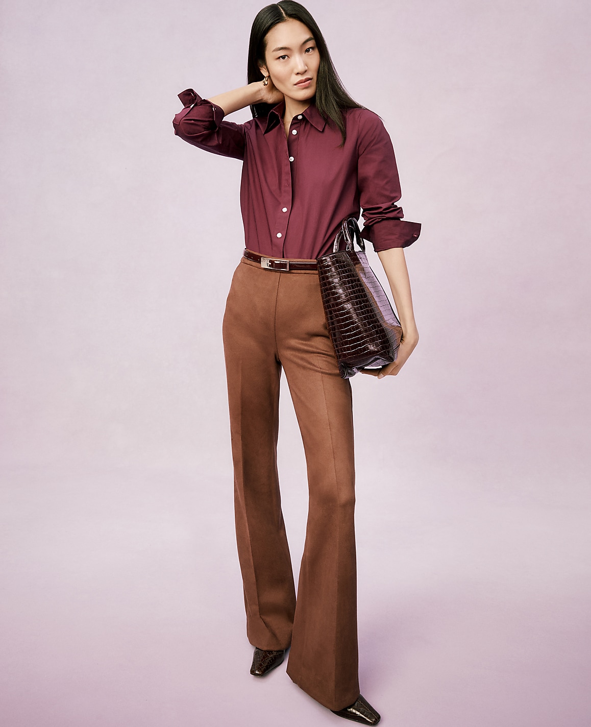 The Petite Side Zip Flare Pant in Faux Suede