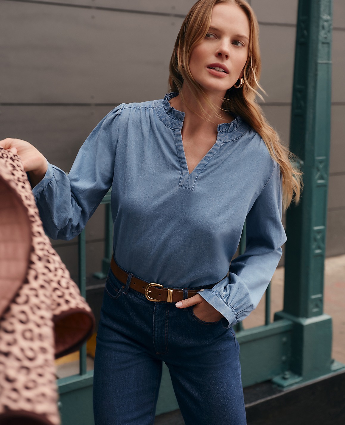Weekend Chambray Ruffle Collar Popover