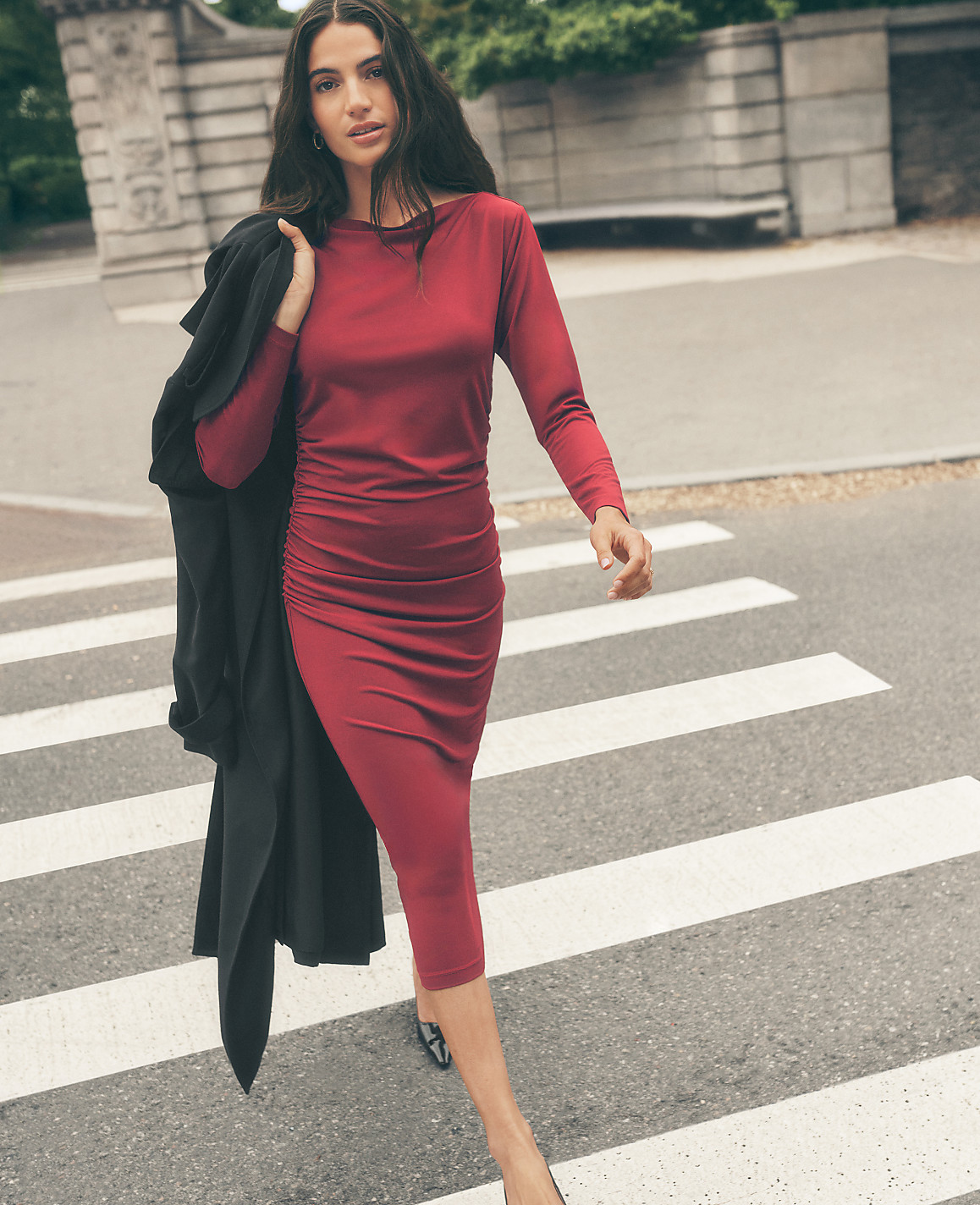 Petite Ruched Knit Midi Dress
