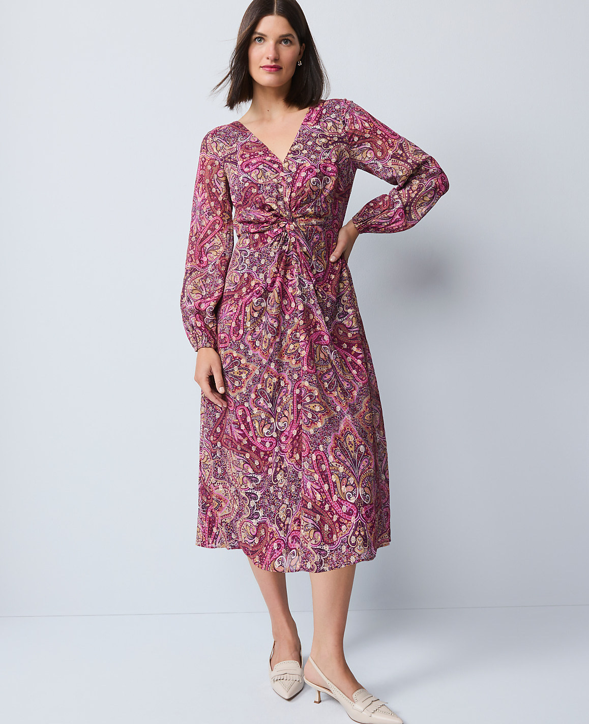 Draped Paisley Midi Dress